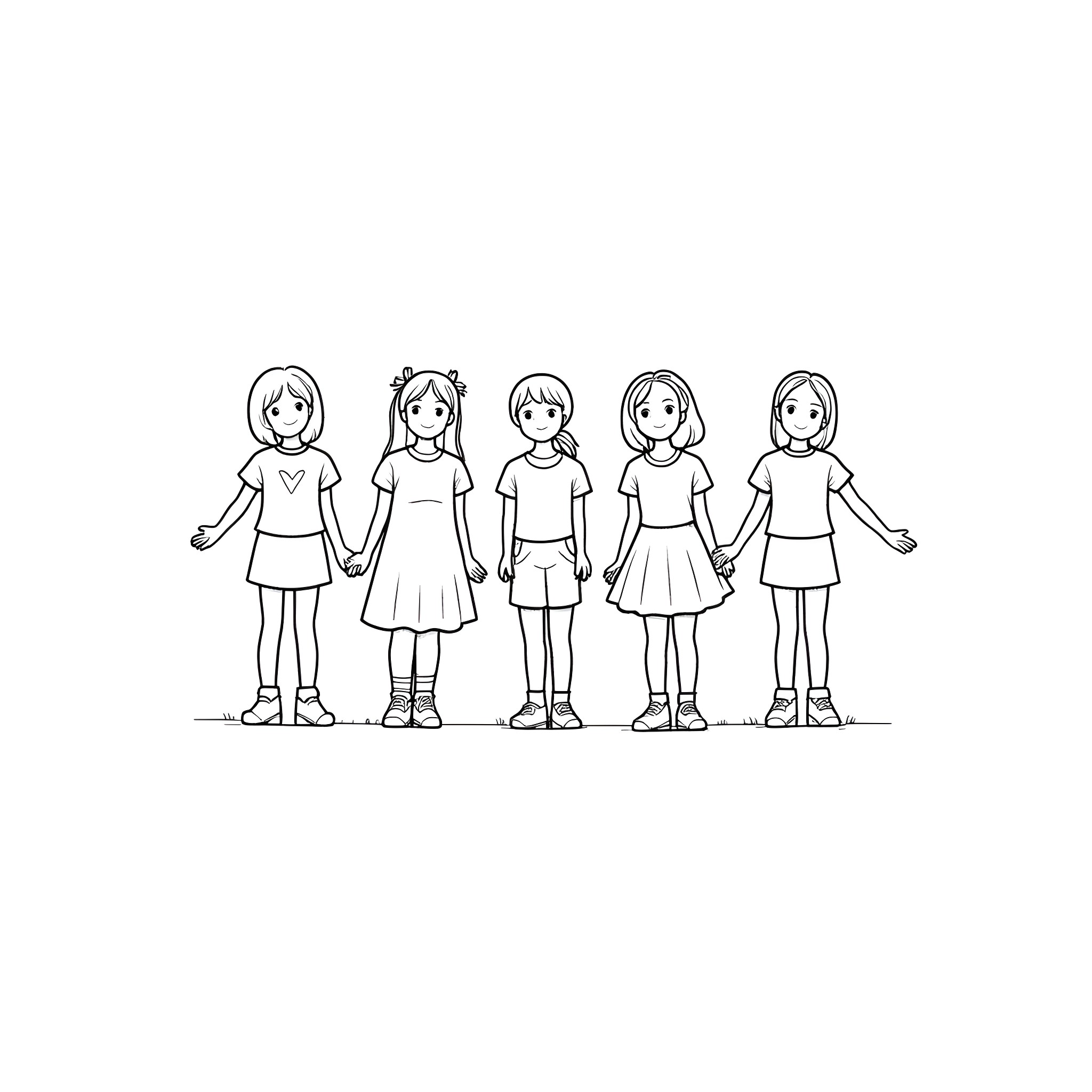 Girls holding hands in a row Coloring Page (free black-and-white line drawing printable PDF for all, from beginners to advanced learners, including children, teens, adults, and seniors)