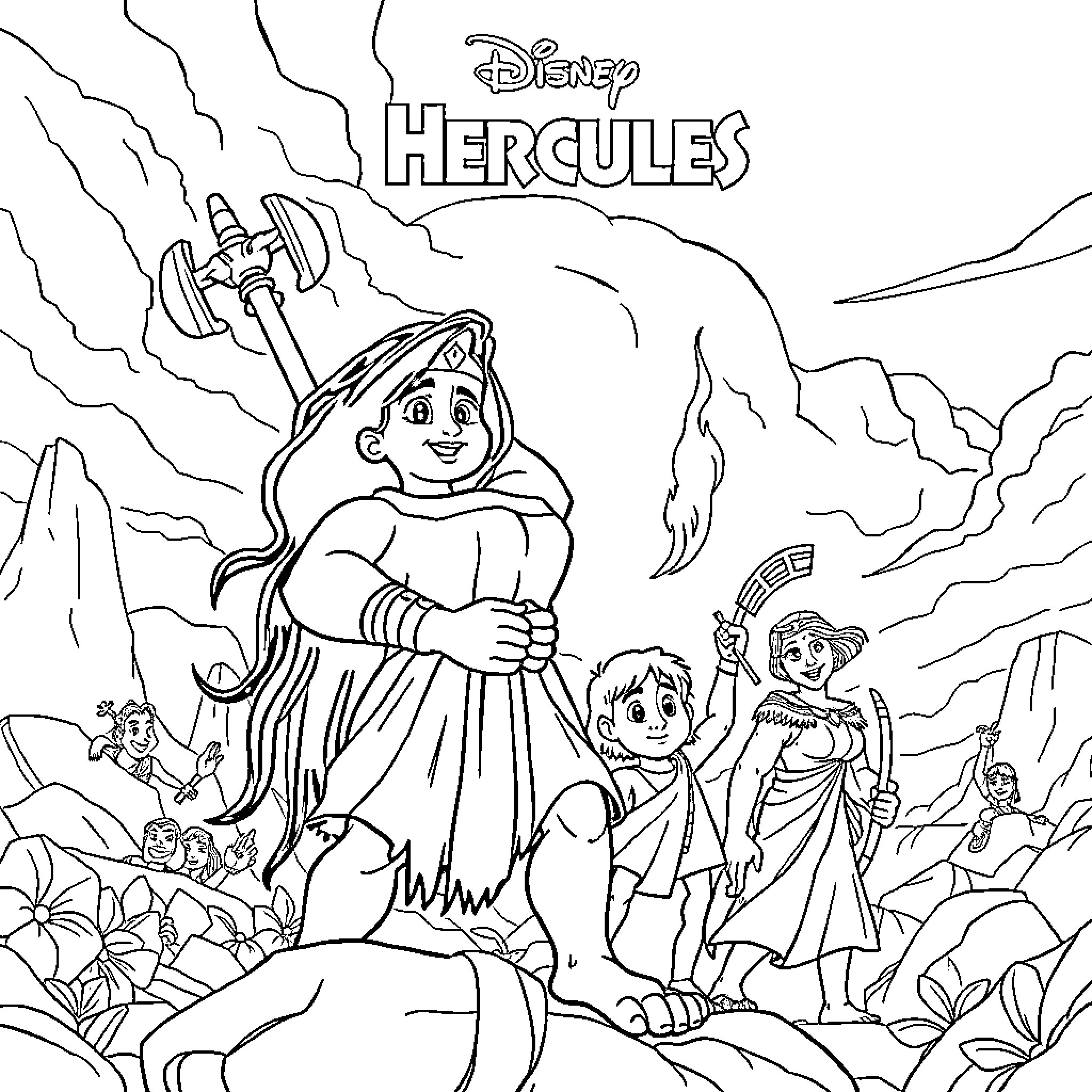 Hercules' Heroic Adventure with Friends in Mythical Landscape Coloring Page (free black-and-white line drawing printable PDF for all, from beginners to advanced learners, including children, teens, adults, and seniors)