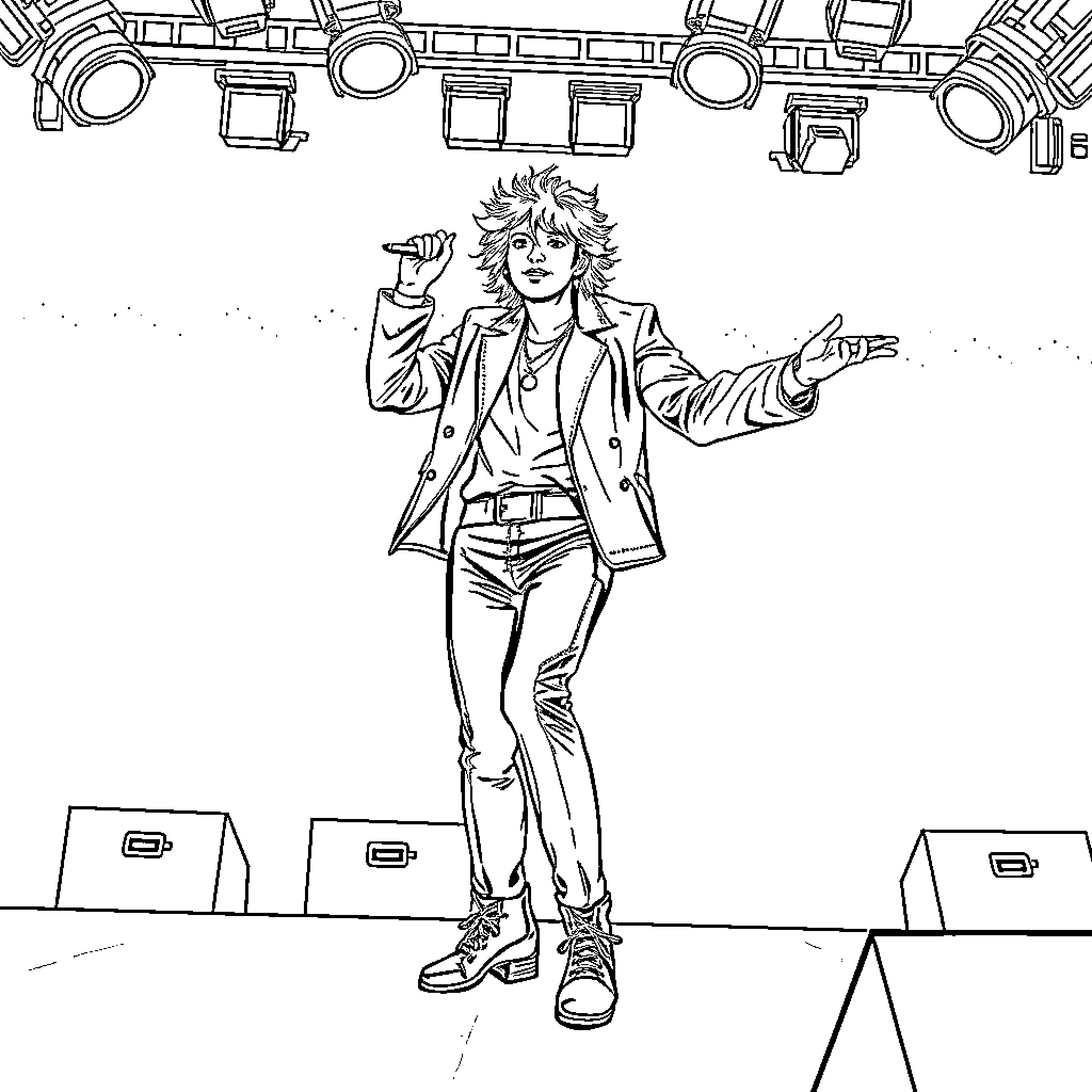 Rumi's Energetic Performance on Stage Coloring Page (free black-and-white line drawing printable PDF for all, from beginners to advanced learners, including children, teens, adults, and seniors)