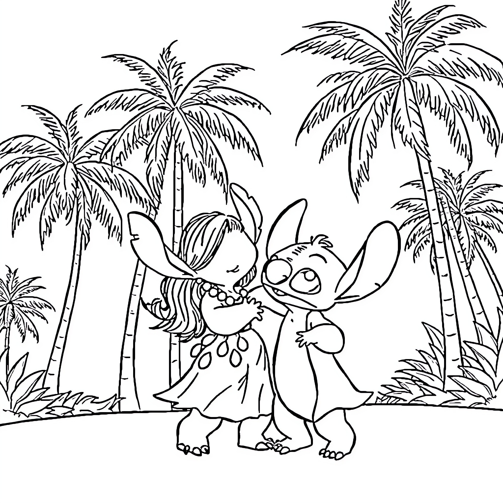 Lilo And Stitch Enjoying a Tropical Adventure Coloring Page (free black-and-white line drawing printable PDF for all, from beginners to advanced learners, including children, teens, adults, and seniors)