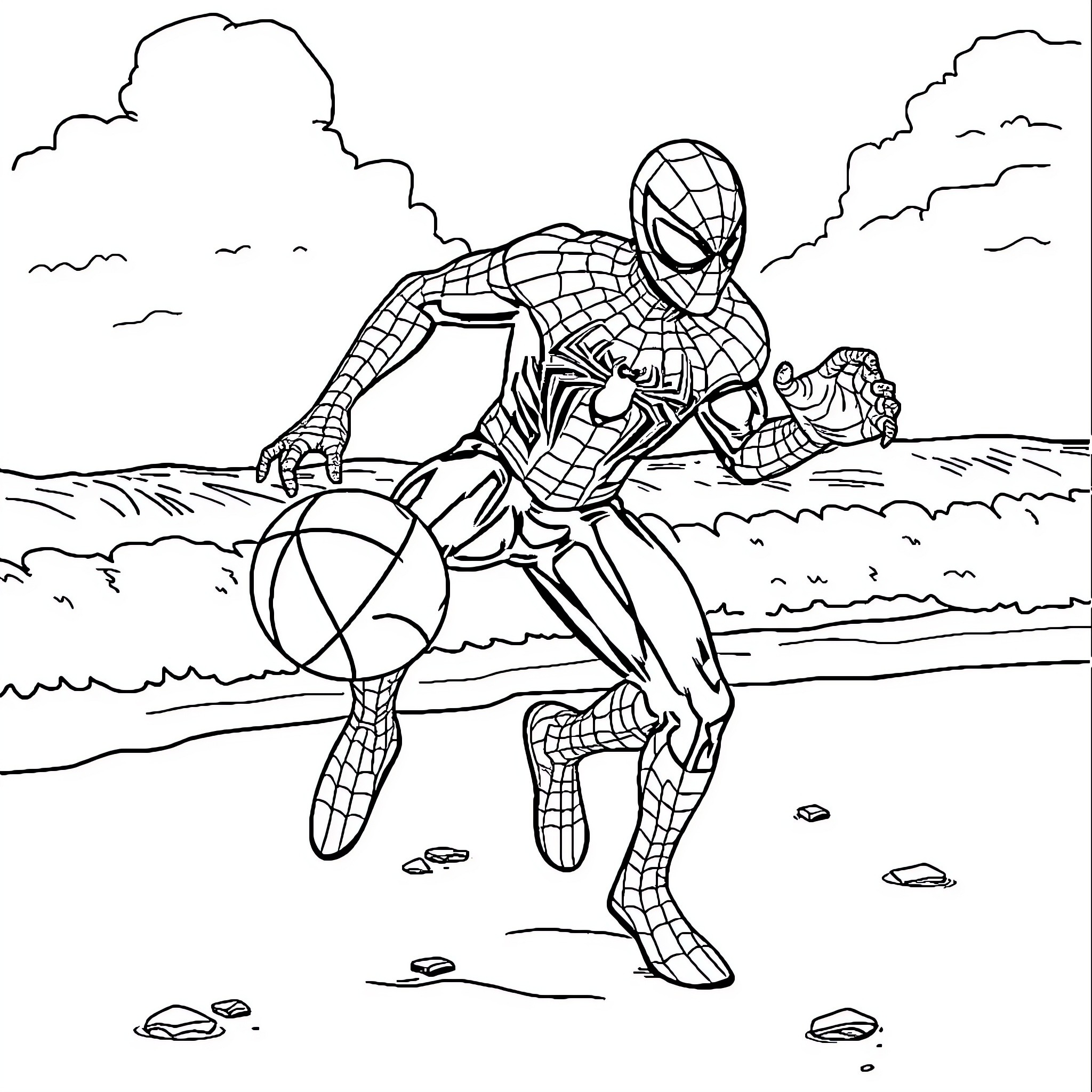 Spiderman on the beach with ball Coloring Page (free black-and-white line drawing printable PDF for all, from beginners to advanced learners, including children, teens, adults, and seniors)