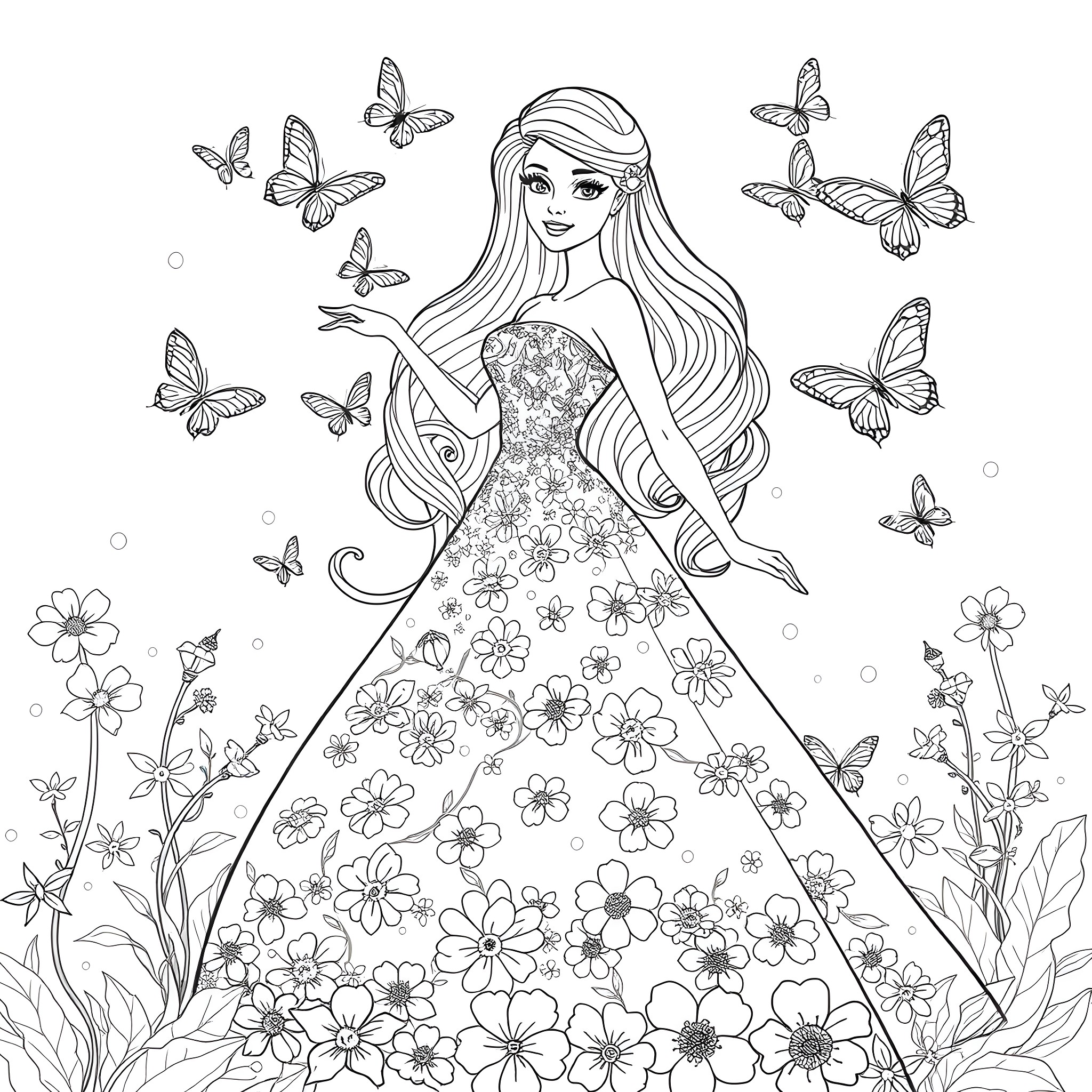 Butterfly Maiden amidst Floral Meadow Coloring Page (free black-and-white line drawing printable PDF for all, from beginners to advanced learners, including children, teens, adults, and seniors)