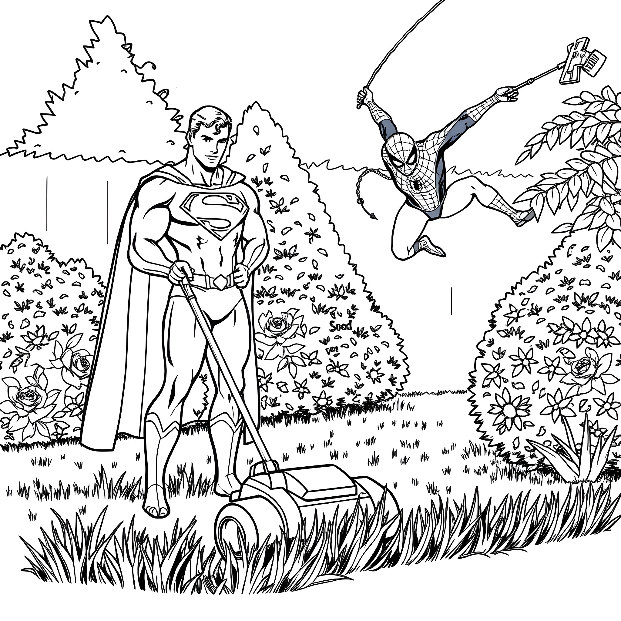 Superman and Spider-Man in an action-packed outdoor scene Coloring Page (free black-and-white line drawing printable PDF for all, from beginners to advanced learners, including children, teens, adults, and seniors)