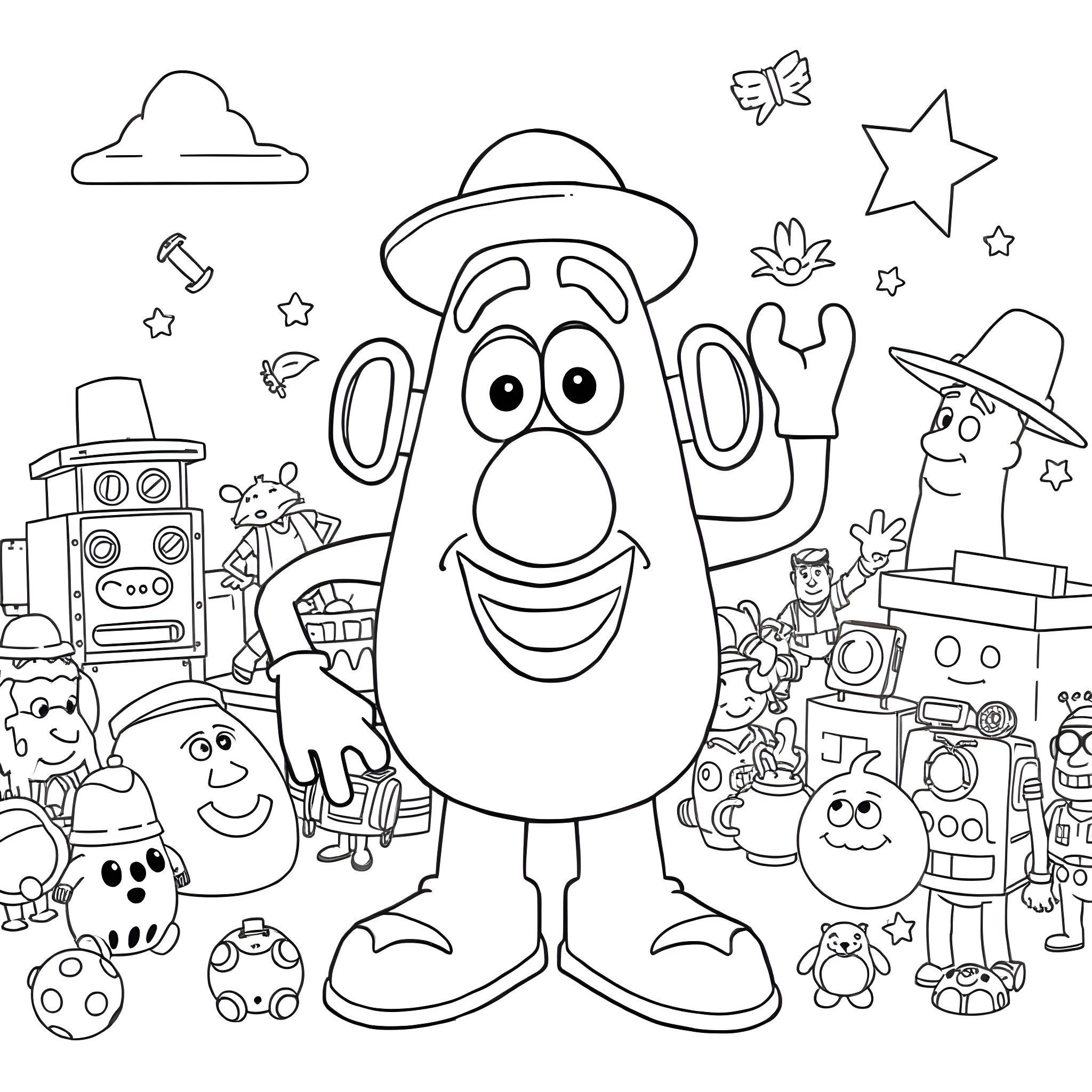Mr. Potato Head's Whimsical Adventure Coloring Page (free black-and-white line drawing printable PDF for all, from beginners to advanced learners, including children, teens, adults, and seniors)
