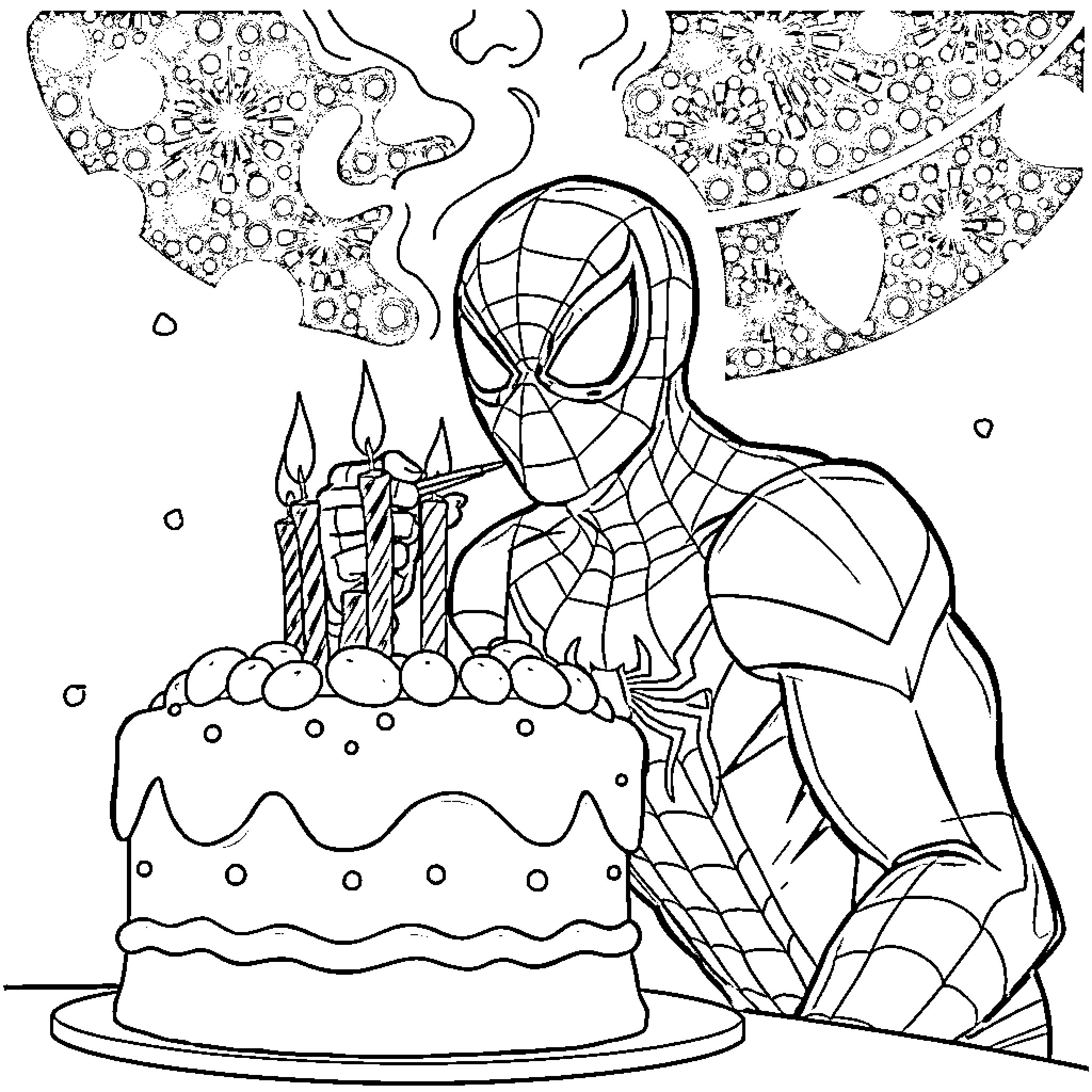 Spider-Man celebrating with birthday cake and candles Coloring Page (free black-and-white line drawing printable PDF for all, from beginners to advanced learners, including children, teens, adults, and seniors)