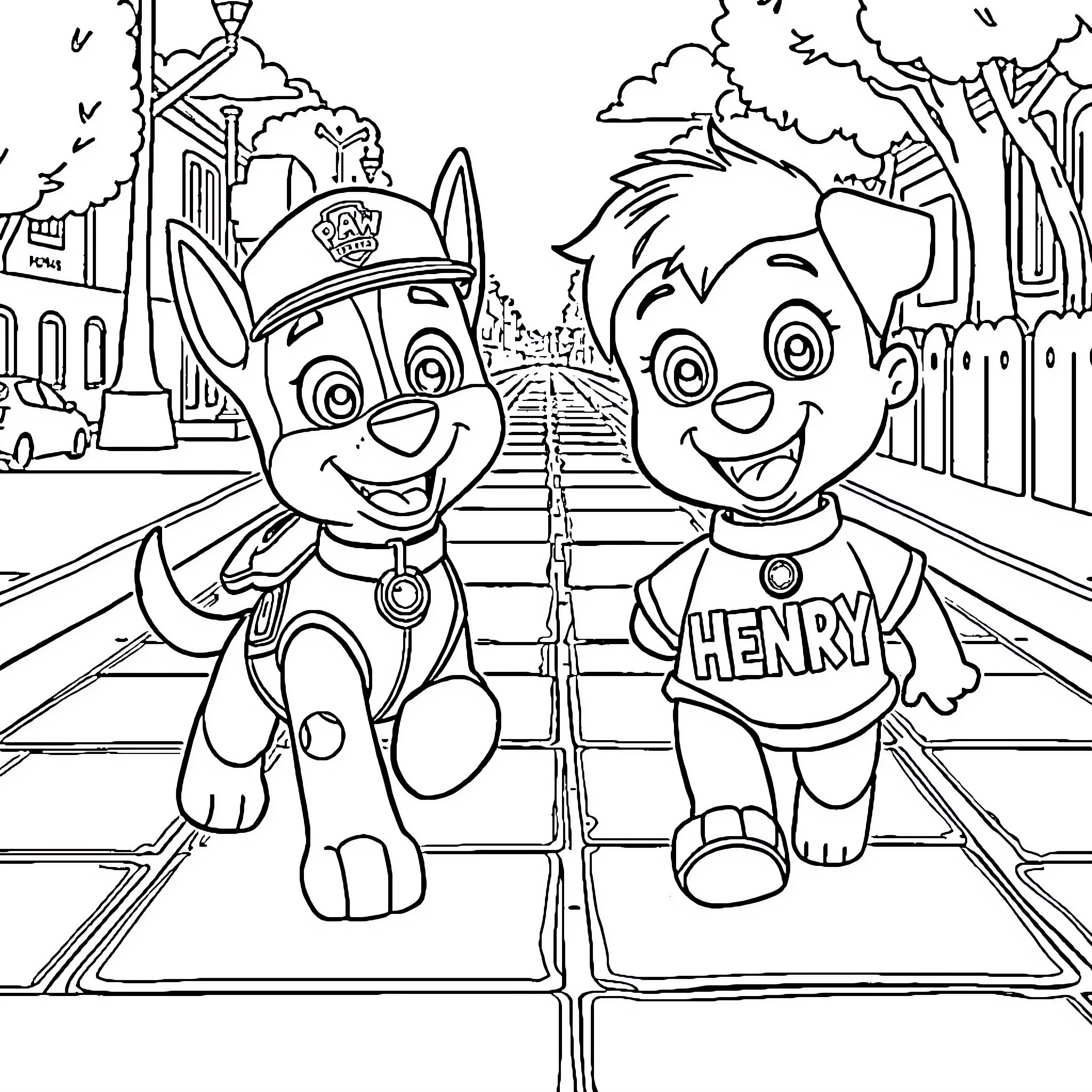 Chase through the city with cartoon characters Coloring Page (free black-and-white line drawing printable PDF for all, from beginners to advanced learners, including children, teens, adults, and seniors)