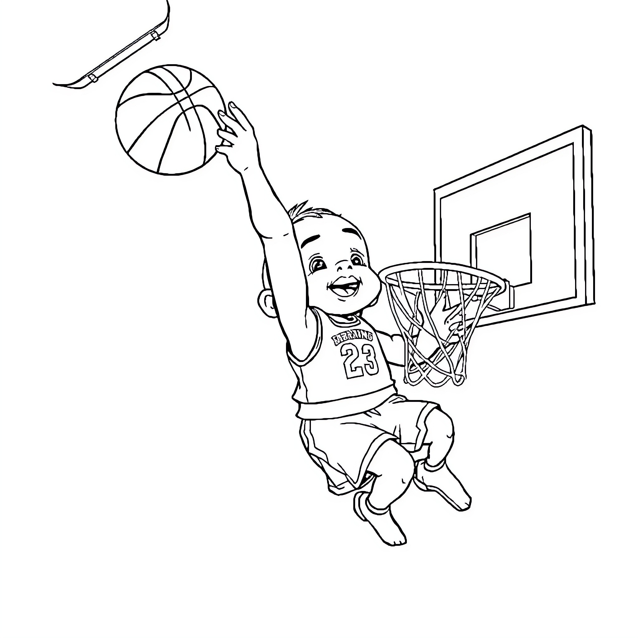 LeBron James dunking basketball in the hoop Coloring Page (free black-and-white line drawing printable PDF for all, from beginners to advanced learners, including children, teens, adults, and seniors)