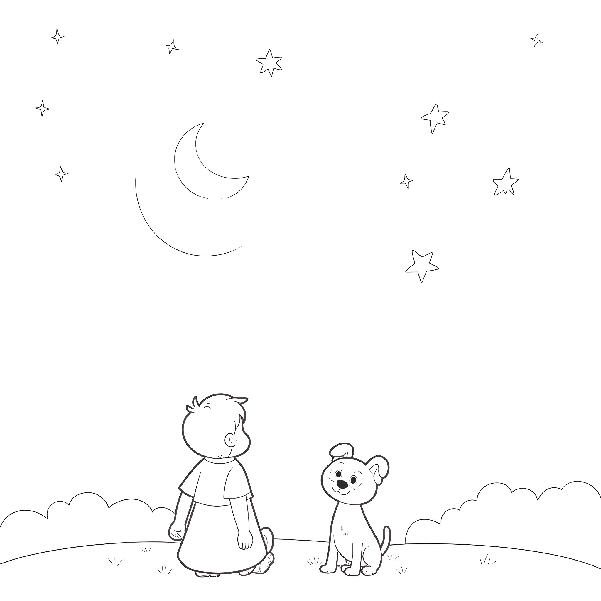Moon and stars with a child and pet Coloring Page (free black-and-white line drawing printable PDF for all, from beginners to advanced learners, including children, teens, adults, and seniors)