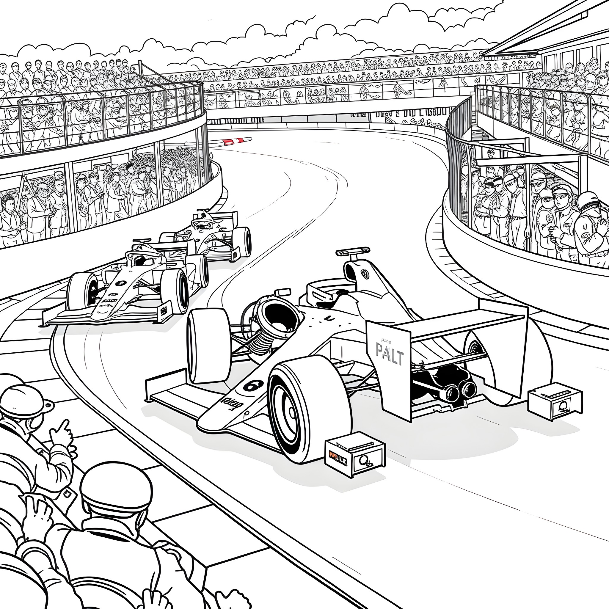 F1 Race Cars Speeding Through Stadium Coloring Page (free black-and-white line drawing printable PDF for all, from beginners to advanced learners, including children, teens, adults, and seniors)