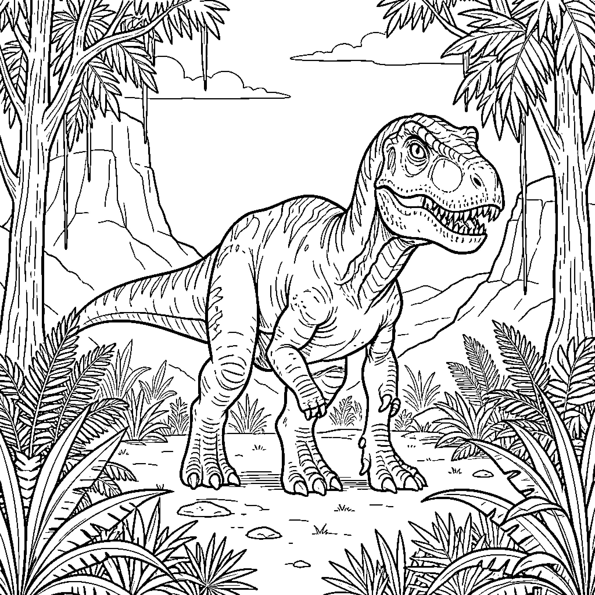 Dinosaur walking through a prehistoric jungle landscape Coloring Page (free black-and-white line drawing printable PDF for all, from beginners to advanced learners, including children, teens, adults, and seniors)