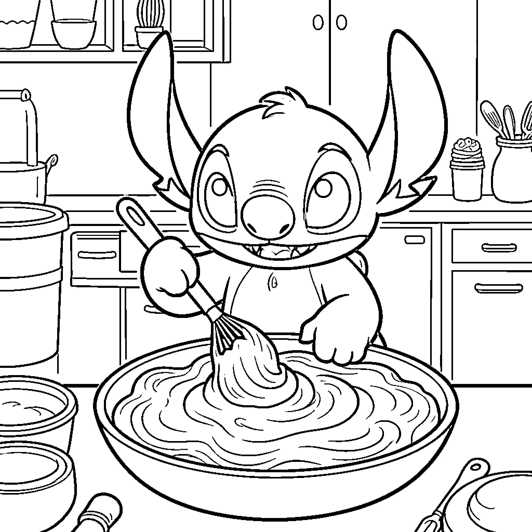 Stitch happily whisking batter in a large kitchen bowl Coloring Page (free black-and-white line drawing printable PDF for all, from beginners to advanced learners, including children, teens, adults, and seniors)