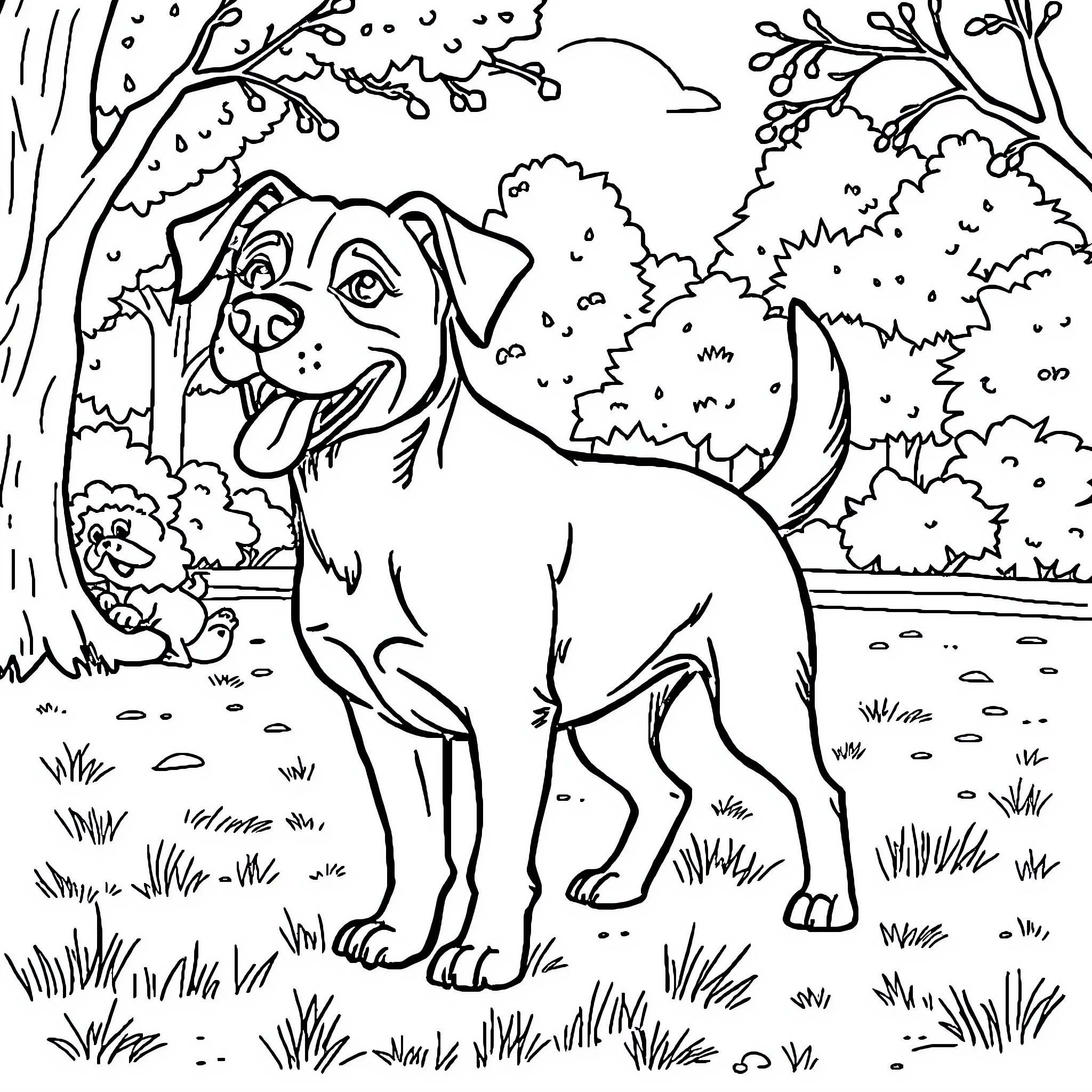 Dog playing happily in the forest Coloring Page (free black-and-white line drawing printable PDF for all, from beginners to advanced learners, including children, teens, adults, and seniors)