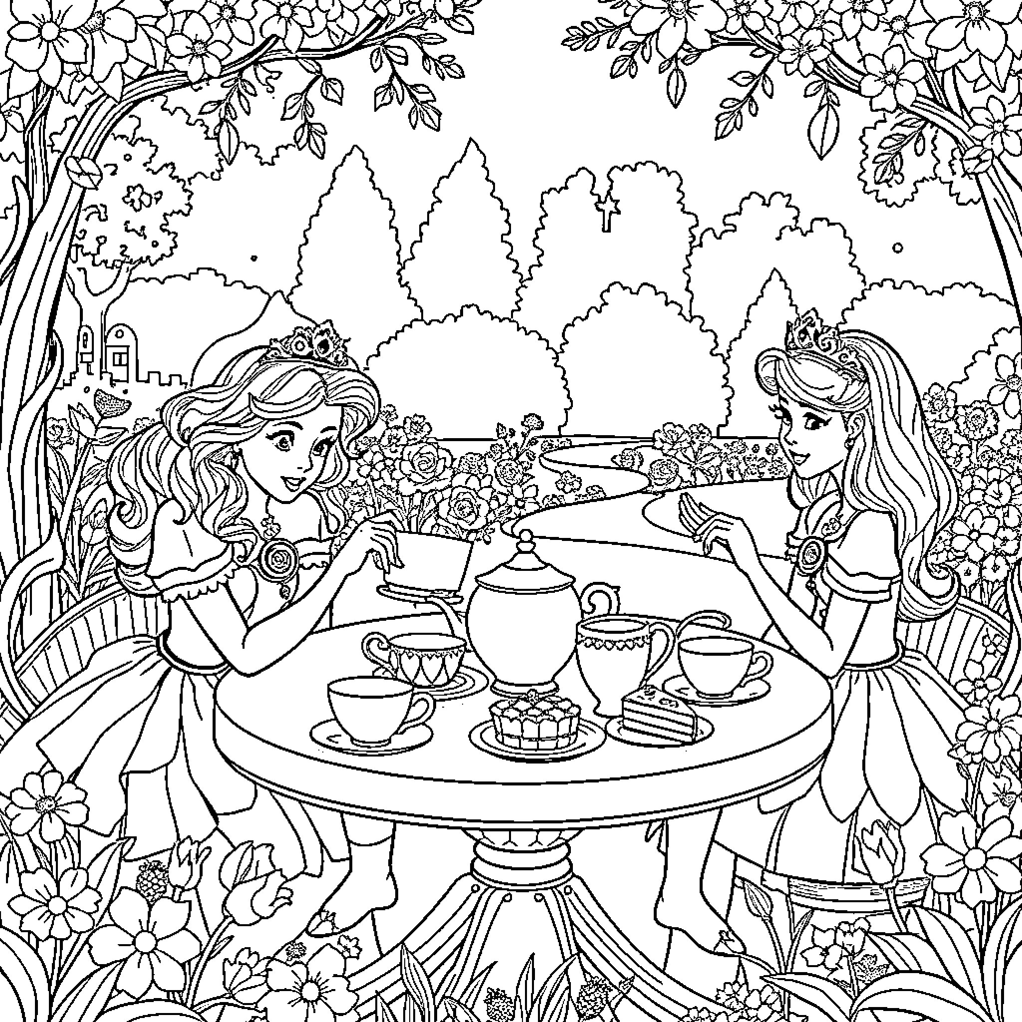 Princess Tea Party in a Floral Garden Coloring Page (free black-and-white line drawing printable PDF for all, from beginners to advanced learners, including children, teens, adults, and seniors)