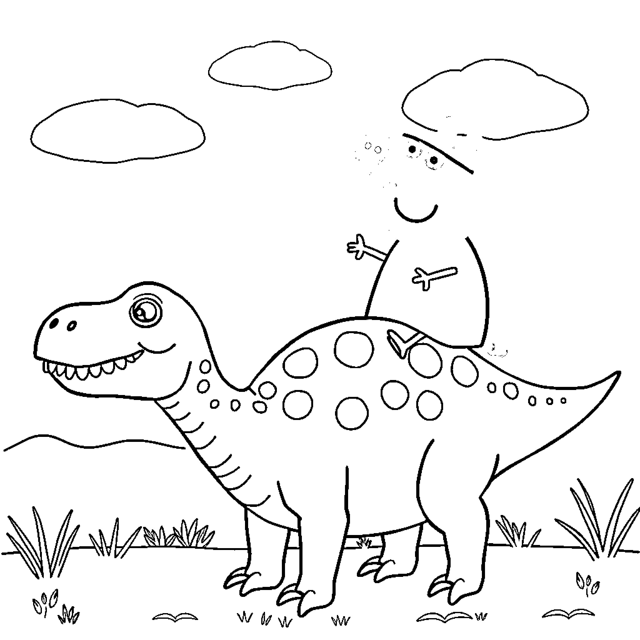 Peppa Pig exploring with friendly dinosaur Coloring Page (free black-and-white line drawing printable PDF for all, from beginners to advanced learners, including children, teens, adults, and seniors)