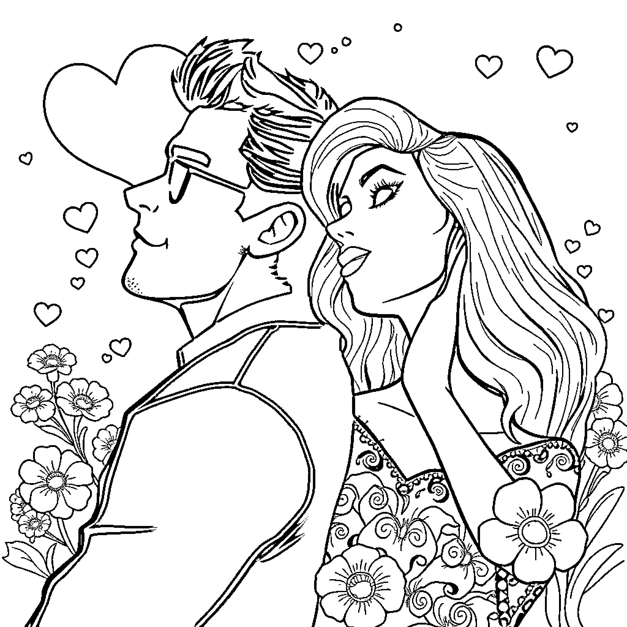 Comic Couple's Romantic Embrace in Floral Wonderland Coloring Page (free black-and-white line drawing printable PDF for all, from beginners to advanced learners, including children, teens, adults, and seniors)