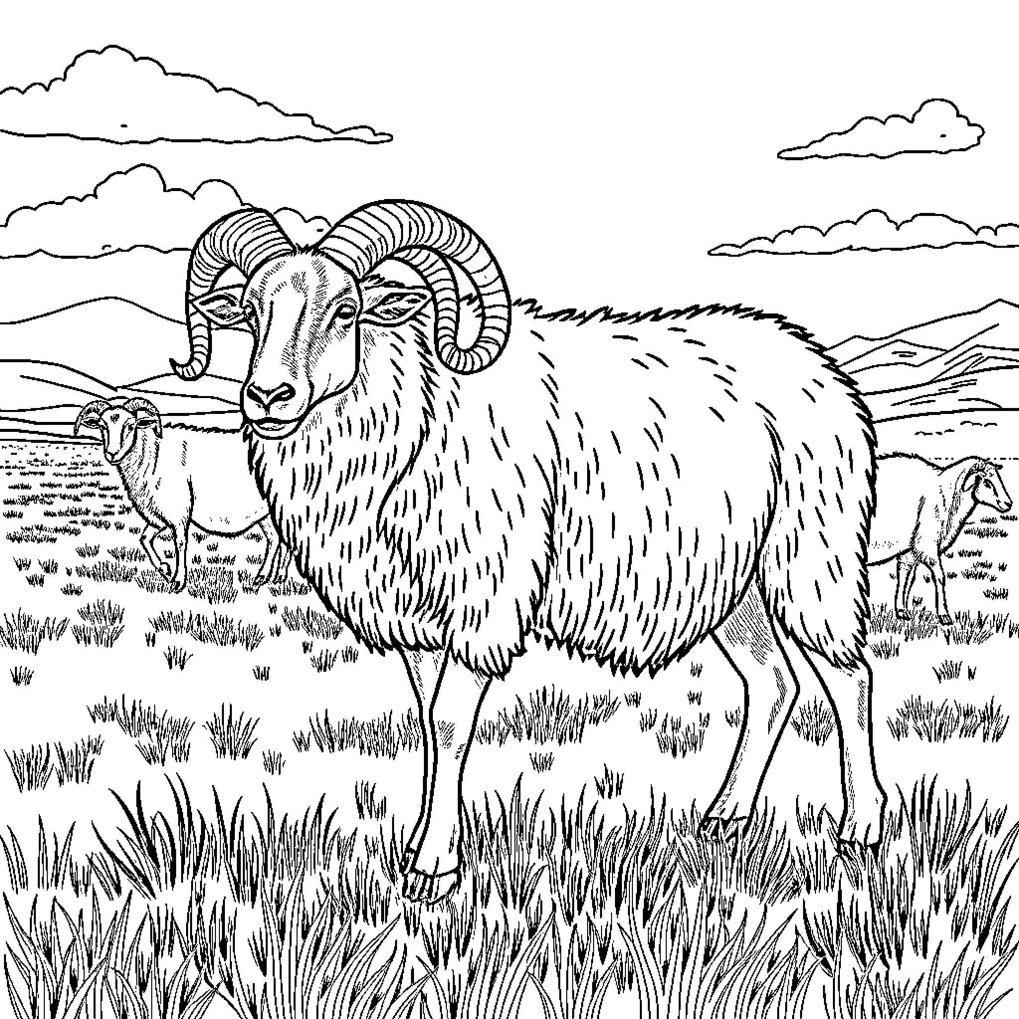 Sheep grazing peacefully in the countryside landscape Coloring Page (free black-and-white line drawing printable PDF for all, from beginners to advanced learners, including children, teens, adults, and seniors)