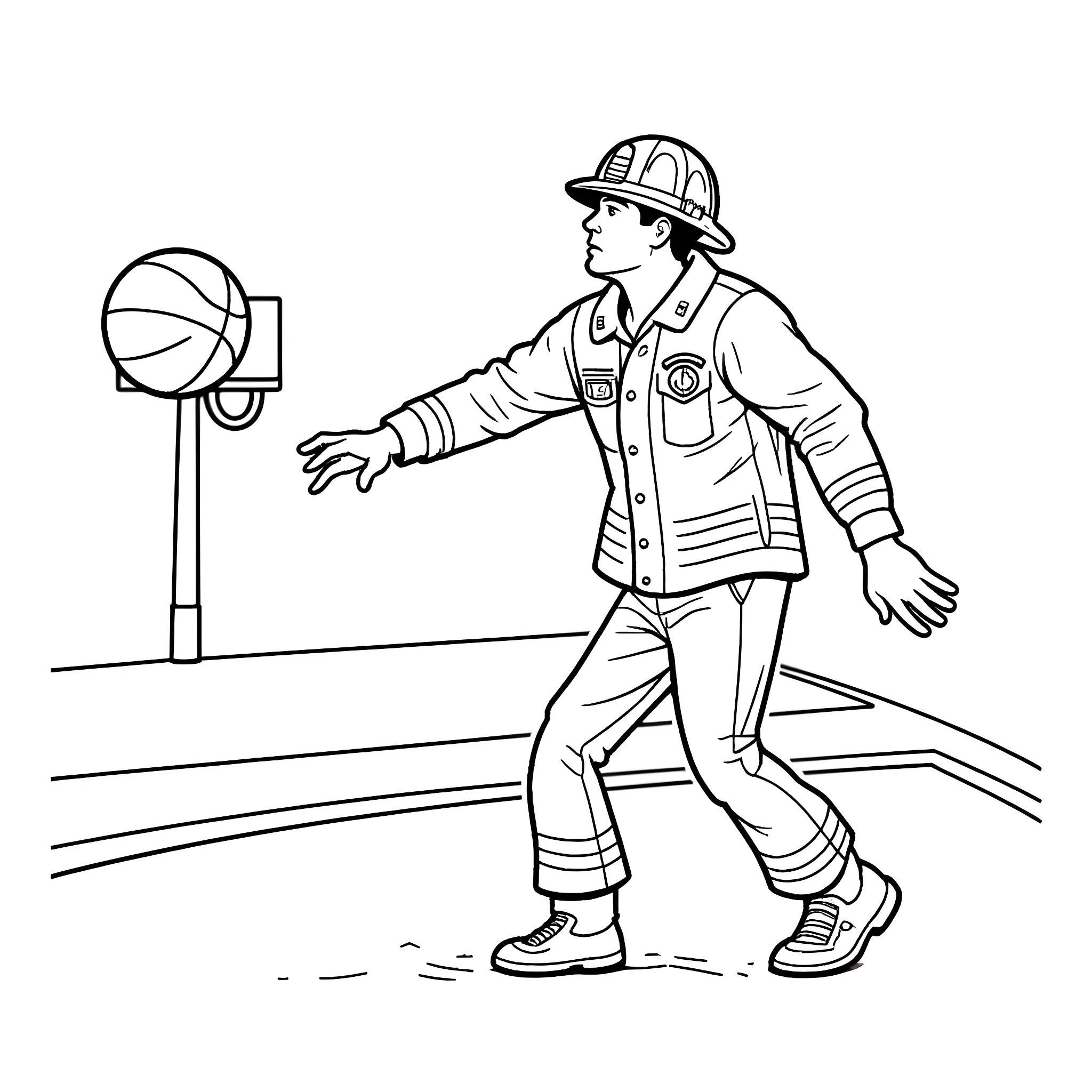 Firefighter Playing Basketball on the Court Coloring Page (free black-and-white line drawing printable PDF for all, from beginners to advanced learners, including children, teens, adults, and seniors)