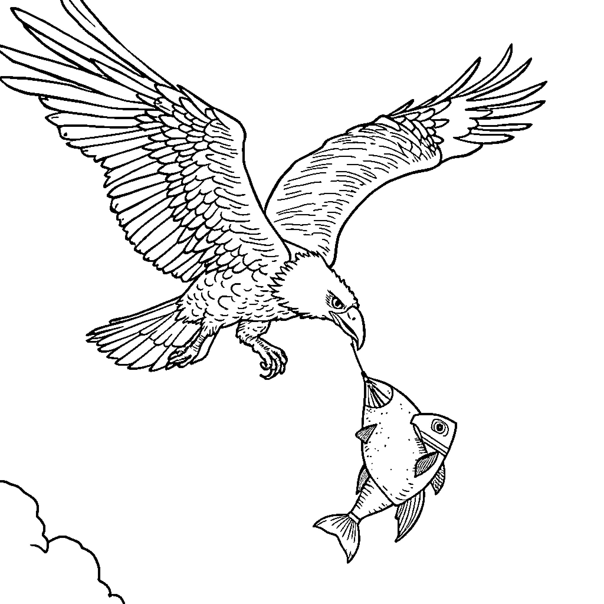Aigle swooping down to catch a fish Coloring Page (free black-and-white line drawing printable PDF for all, from beginners to advanced learners, including children, teens, adults, and seniors)