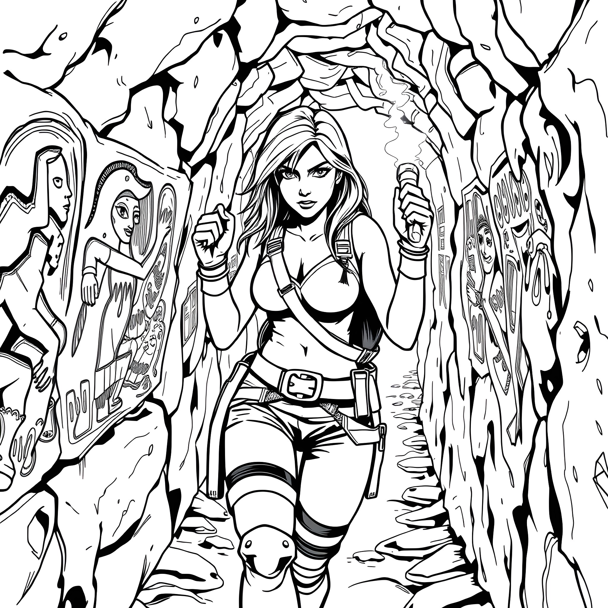 Lara Croft in an action-packed adventure scene Coloring Page (free black-and-white line drawing printable PDF for all, from beginners to advanced learners, including children, teens, adults, and seniors)