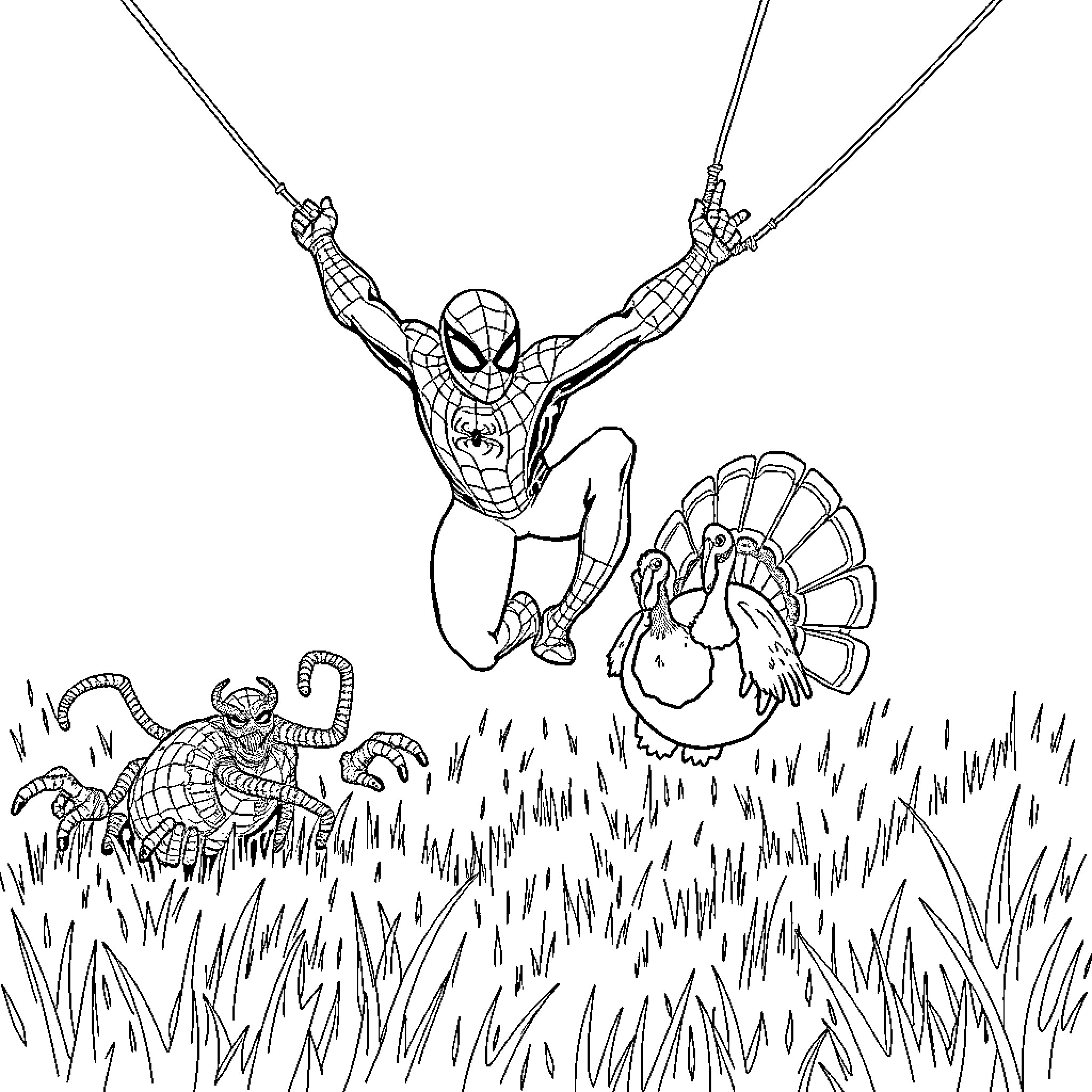Spider-Man swinging through the air and battling a villain Coloring Page (free black-and-white line drawing printable PDF for all, from beginners to advanced learners, including children, teens, adults, and seniors)
