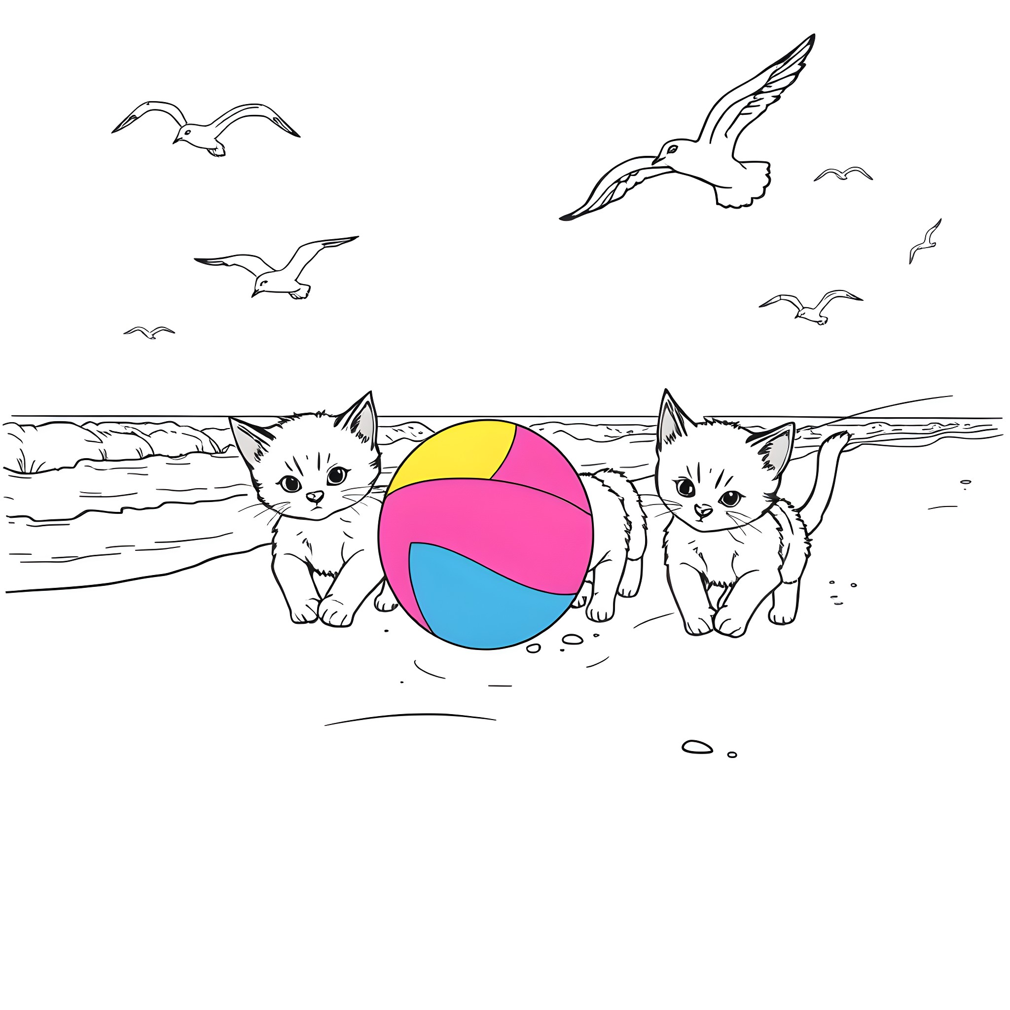 Kittens playing with beach ball on the shore Coloring Page (free black-and-white line drawing printable PDF for all, from beginners to advanced learners, including children, teens, adults, and seniors)