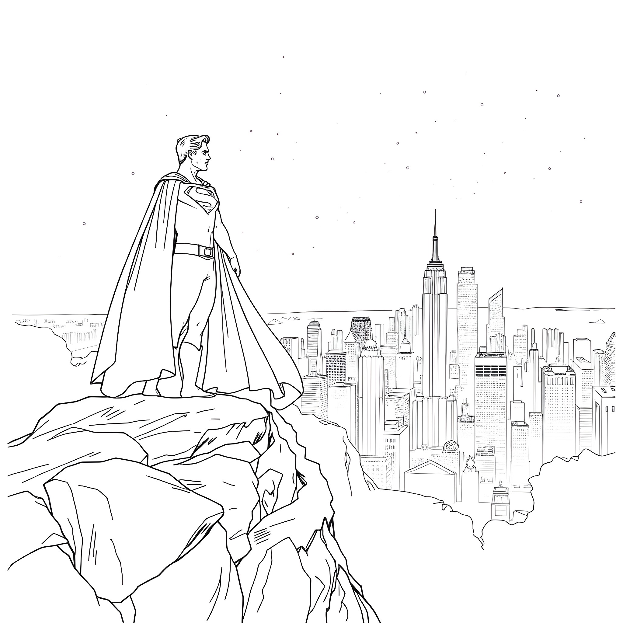 Superman overlooking the city from a mountain peak Coloring Page (free black-and-white line drawing printable PDF for all, from beginners to advanced learners, including children, teens, adults, and seniors)