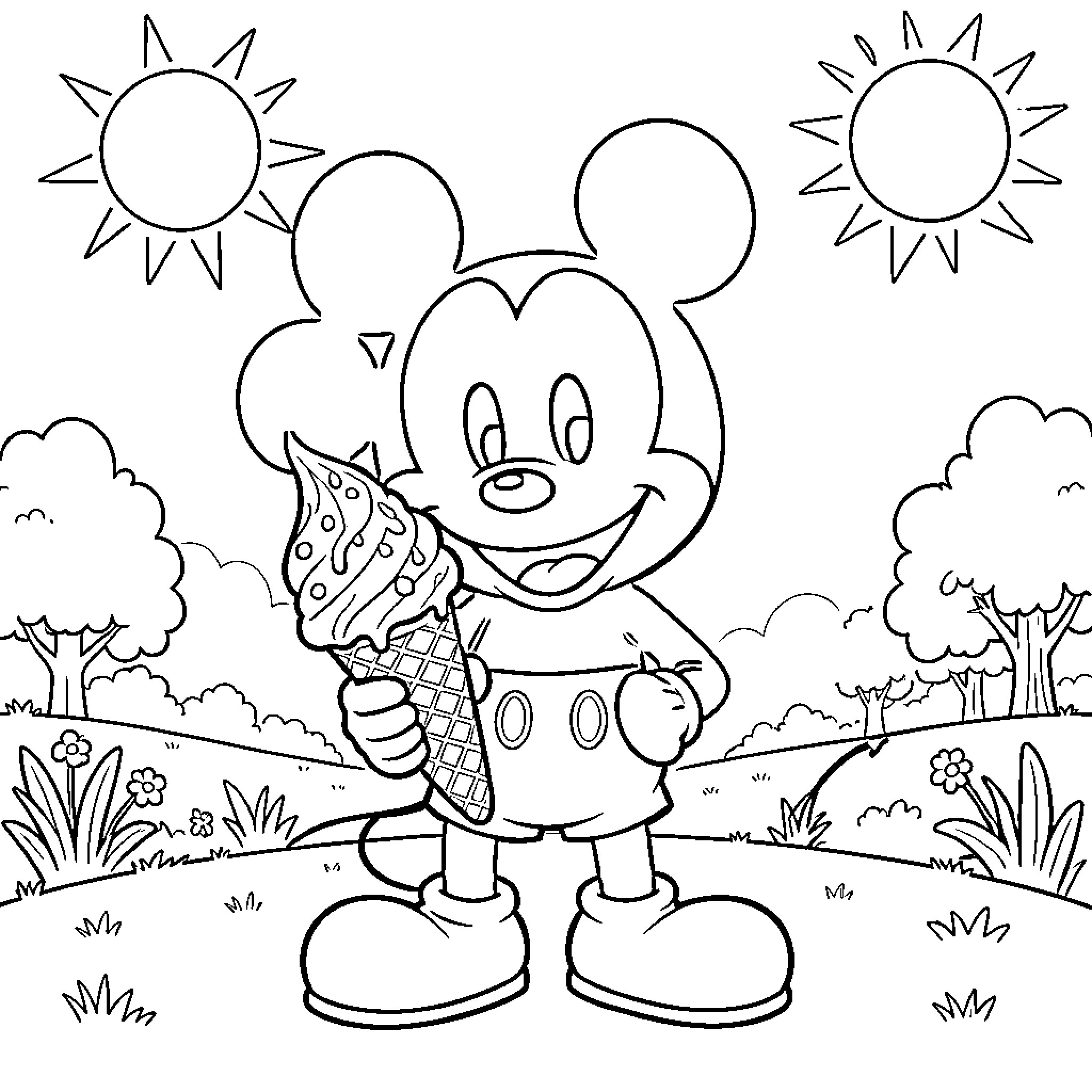 Mickey enjoying an ice cream in the park Coloring Page (free black-and-white line drawing printable PDF for all, from beginners to advanced learners, including children, teens, adults, and seniors)
