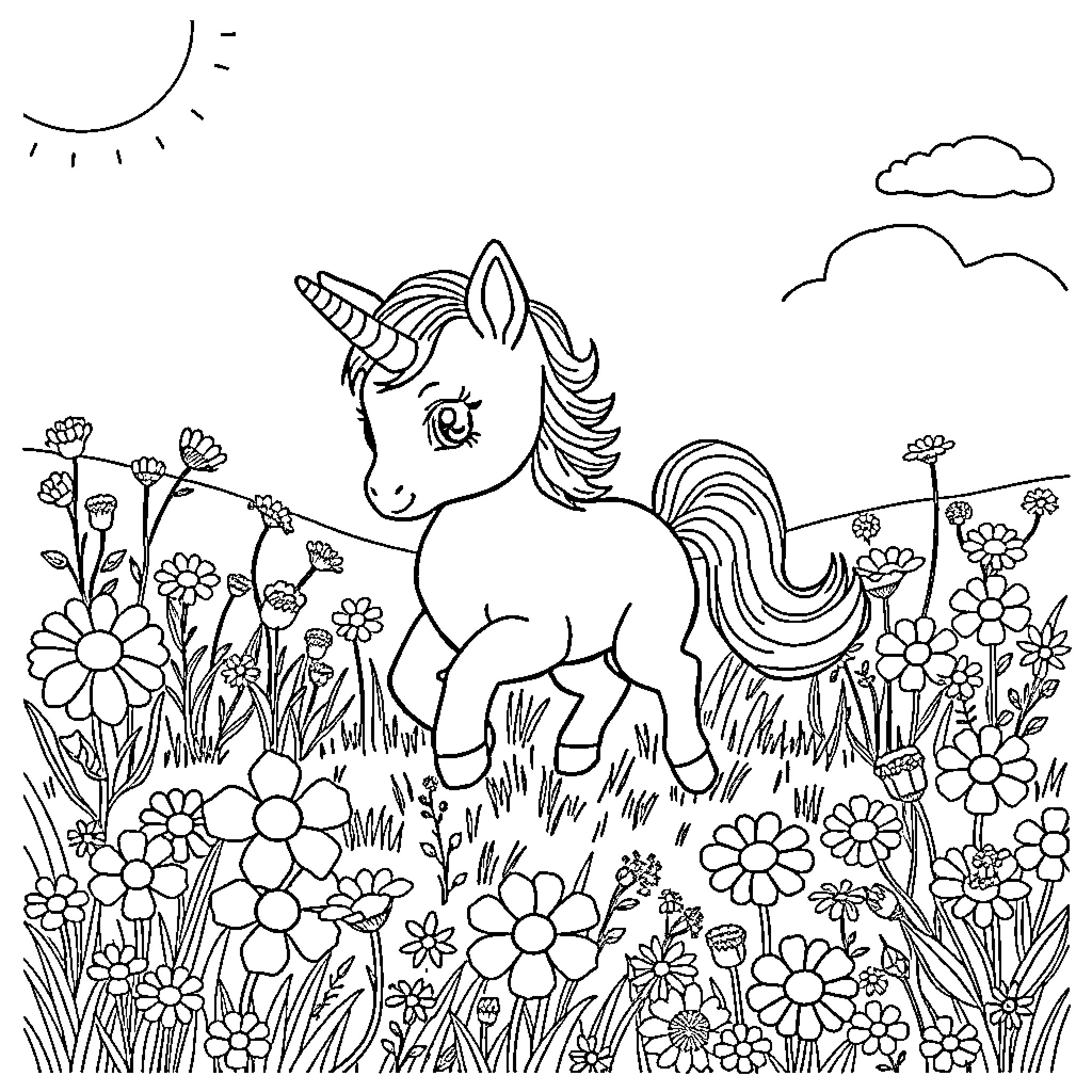 Unicorn Kitten playing in a flowery field Coloring Page (free black-and-white line drawing printable PDF for all, from beginners to advanced learners, including children, teens, adults, and seniors)
