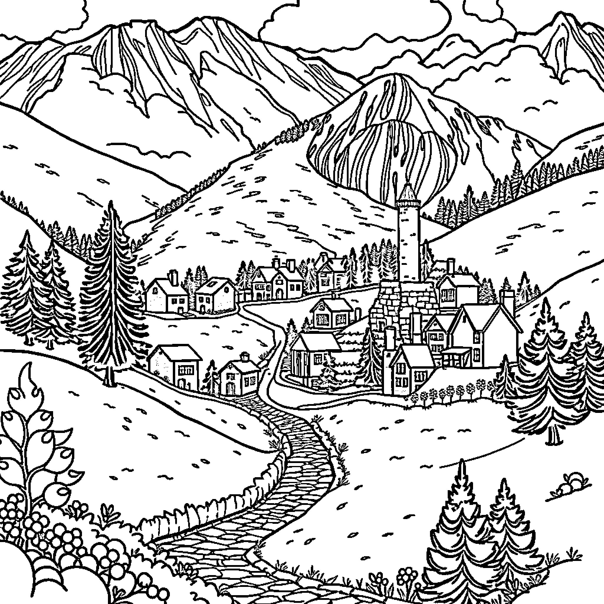 Vogosca: Picturesque Mountain Town in a Serene Landscape Coloring Page (free black-and-white line drawing printable PDF for all, from beginners to advanced learners, including children, teens, adults, and seniors)
