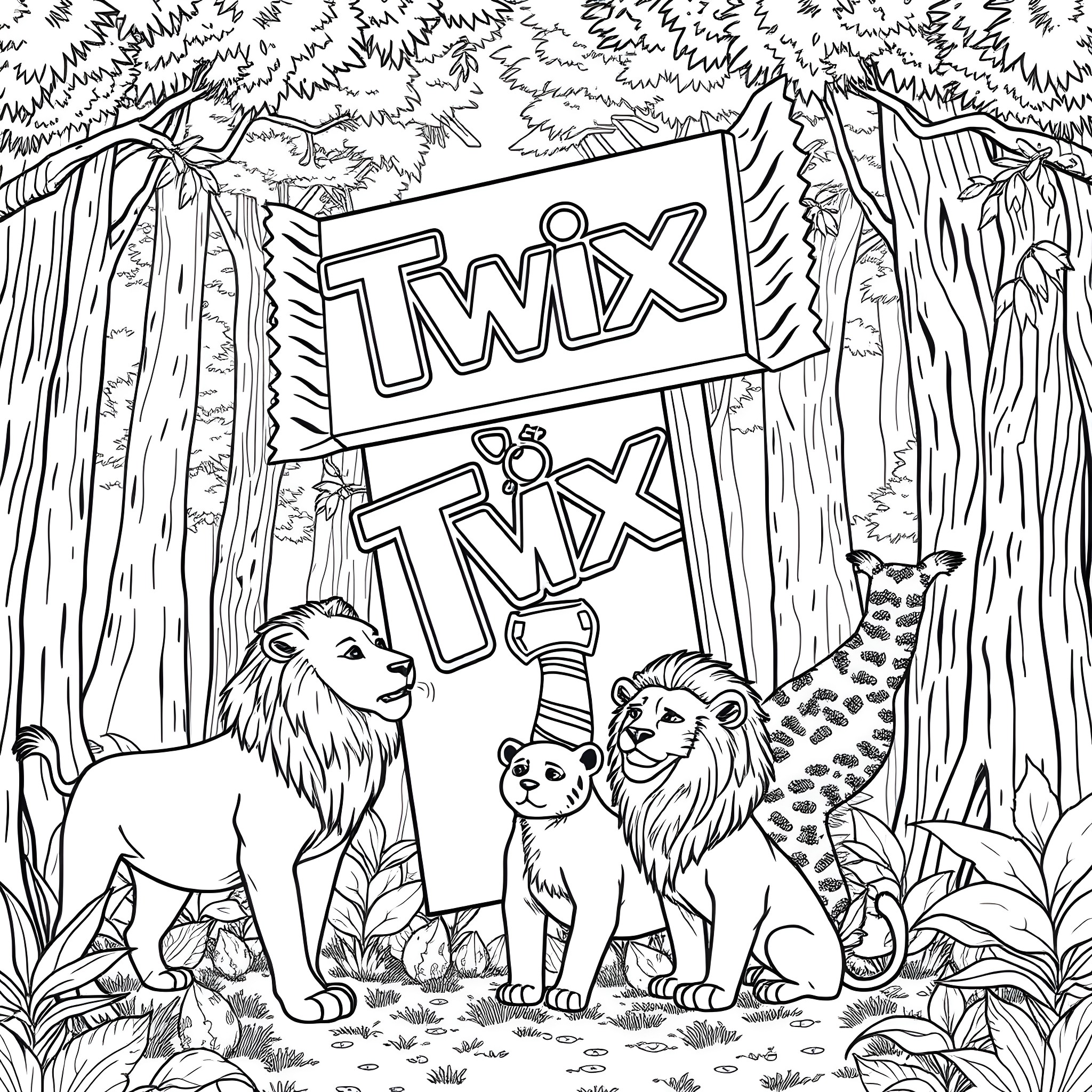 Lion family walking through the forest Coloring Page (free black-and-white line drawing printable PDF for all, from beginners to advanced learners, including children, teens, adults, and seniors)