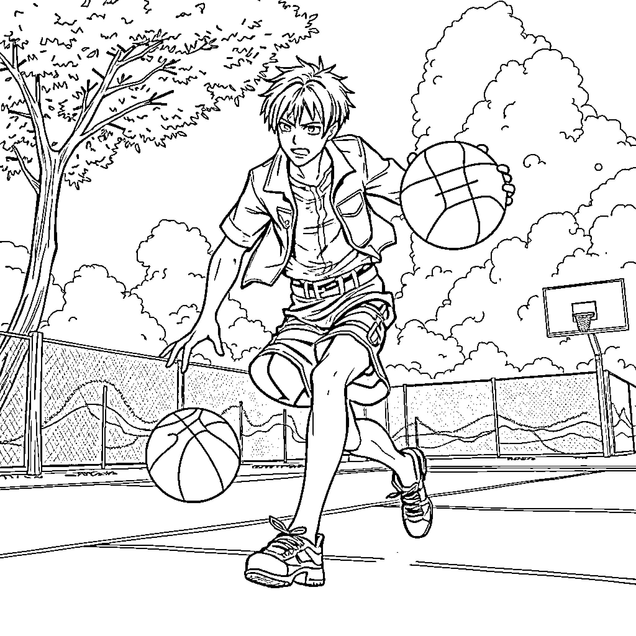 Eren enjoying a basketball game in the park Coloring Page (free black-and-white line drawing printable PDF for all, from beginners to advanced learners, including children, teens, adults, and seniors)