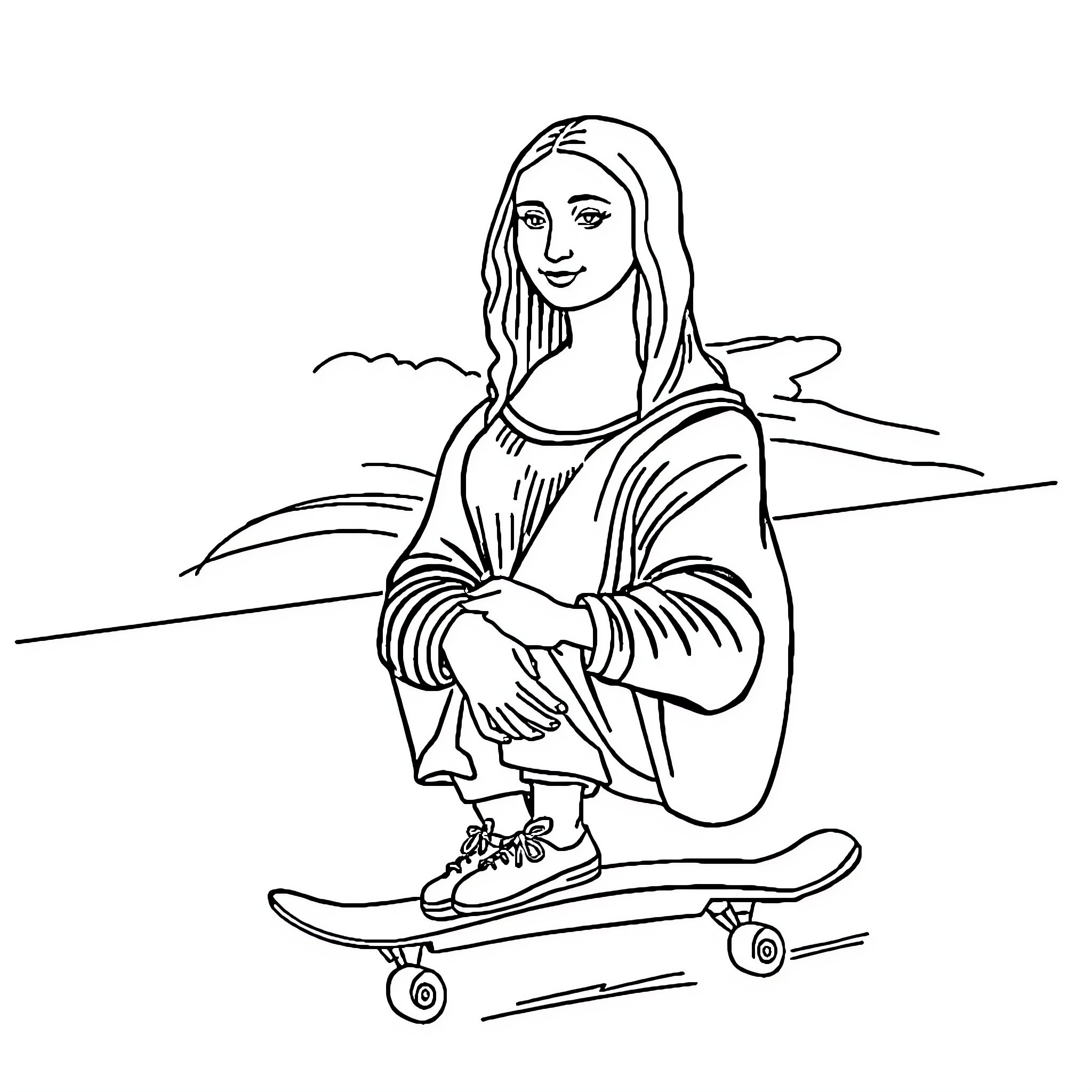 Mona Lisa riding a skateboard Coloring Page (free black-and-white line drawing printable PDF for all, from beginners to advanced learners, including children, teens, adults, and seniors)