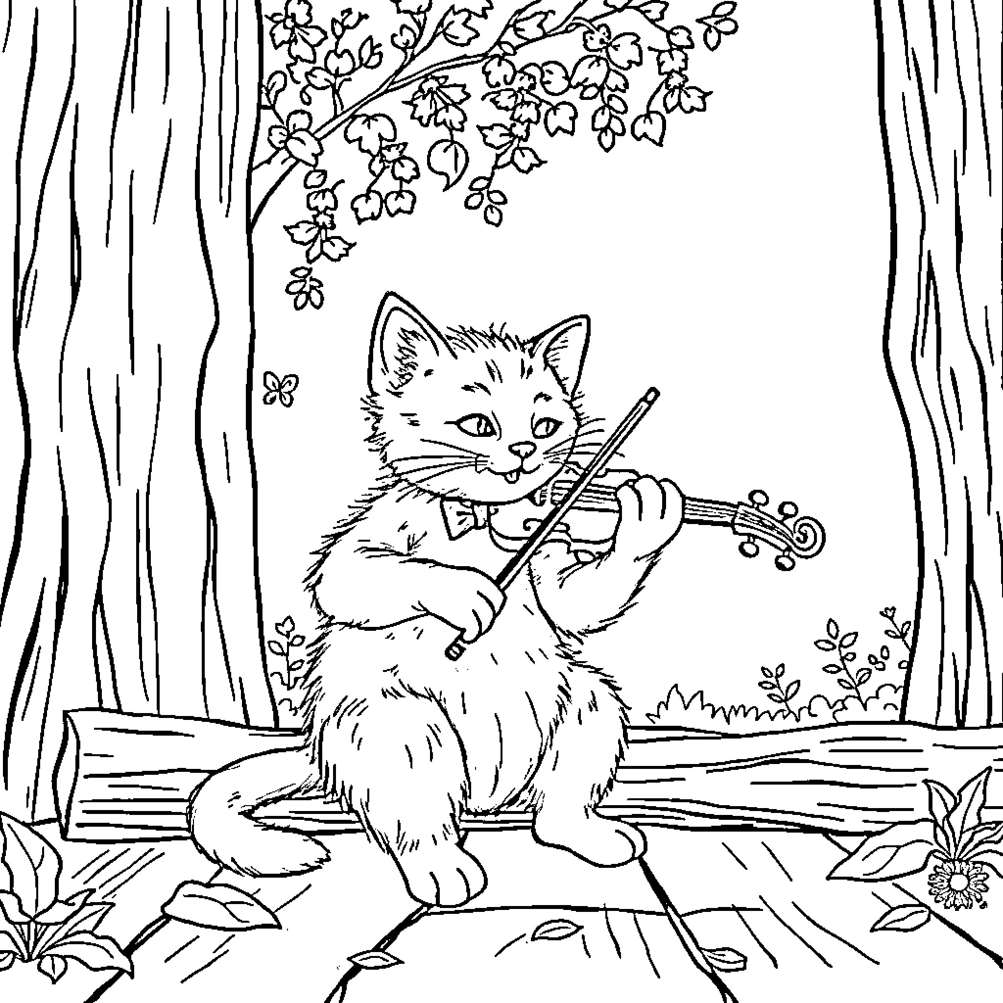 Cat playing the violin in the forest Coloring Page (free black-and-white line drawing printable PDF for all, from beginners to advanced learners, including children, teens, adults, and seniors)