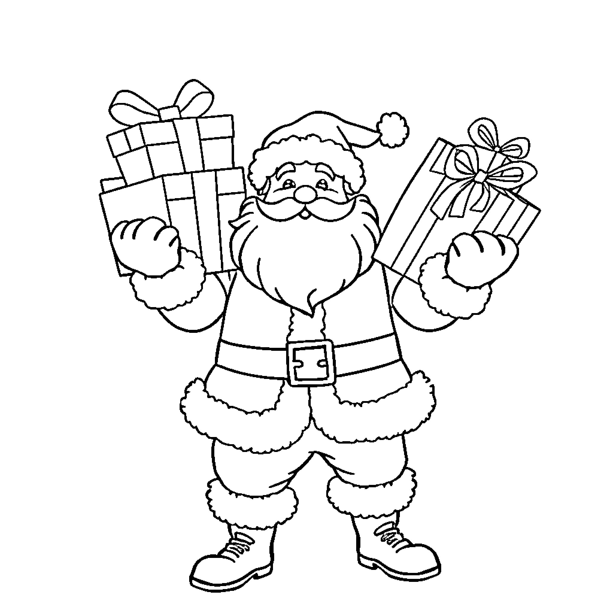 Santa Claus holding Christmas presents Coloring Page (free black-and-white line drawing printable PDF for all, from beginners to advanced learners, including children, teens, adults, and seniors)