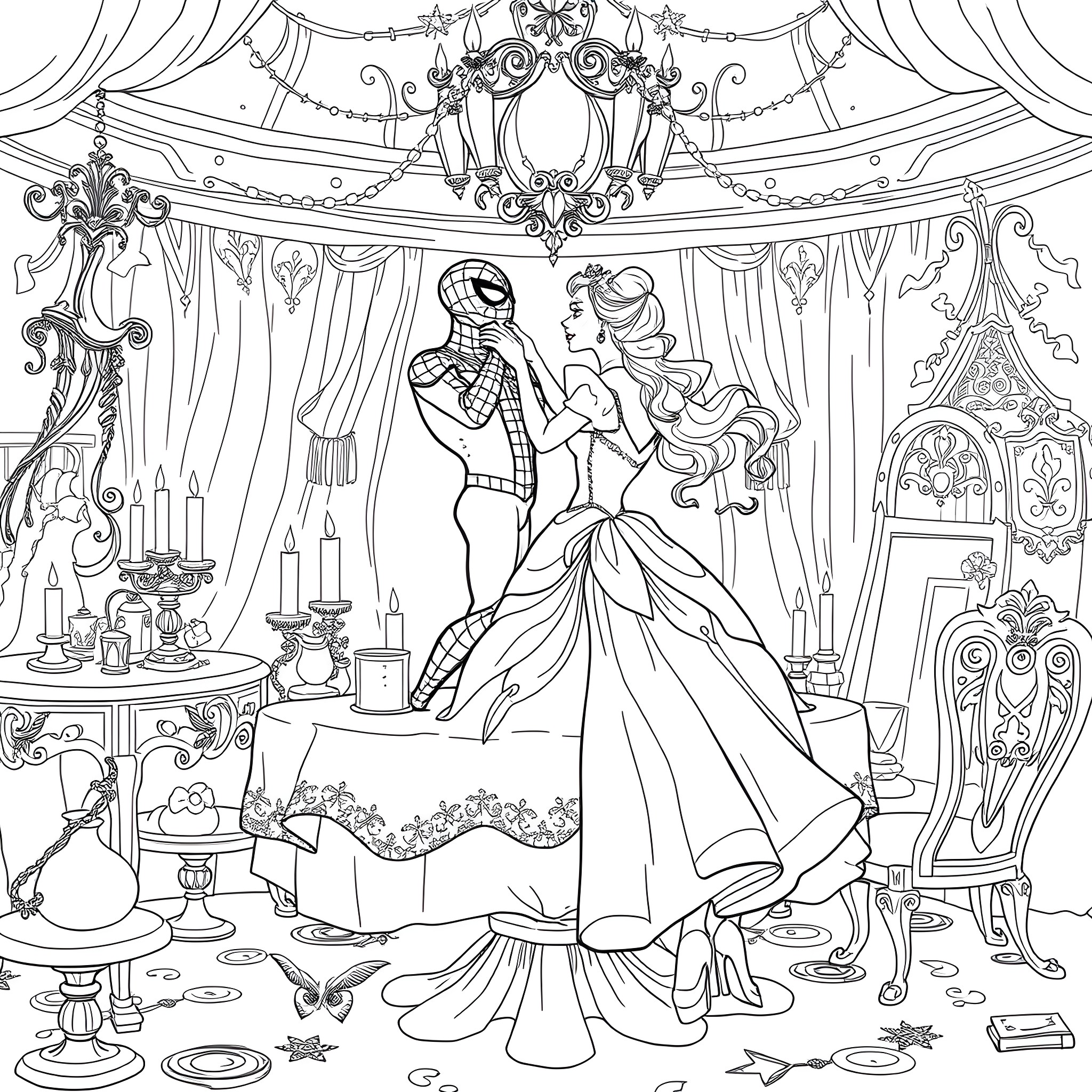 Spidey's Enchanted Ball Dance with Princess Coloring Page (free black-and-white line drawing printable PDF for all, from beginners to advanced learners, including children, teens, adults, and seniors)