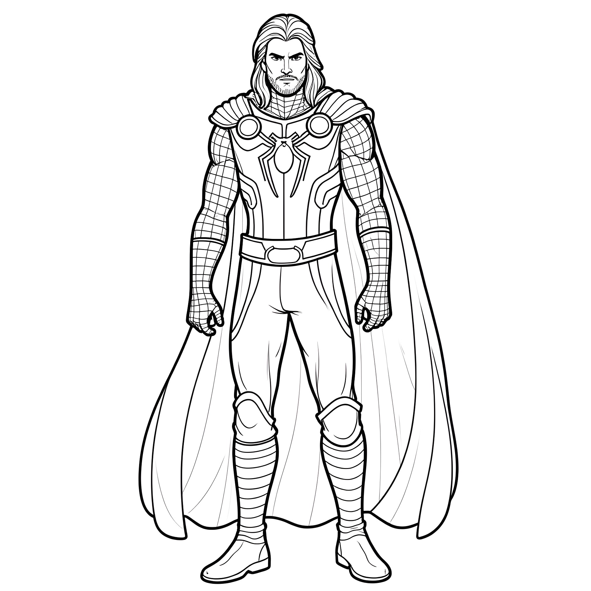 Thor in Heroic Pose with Armor and Cape Coloring Page (free black-and-white line drawing printable PDF for all, from beginners to advanced learners, including children, teens, adults, and seniors)