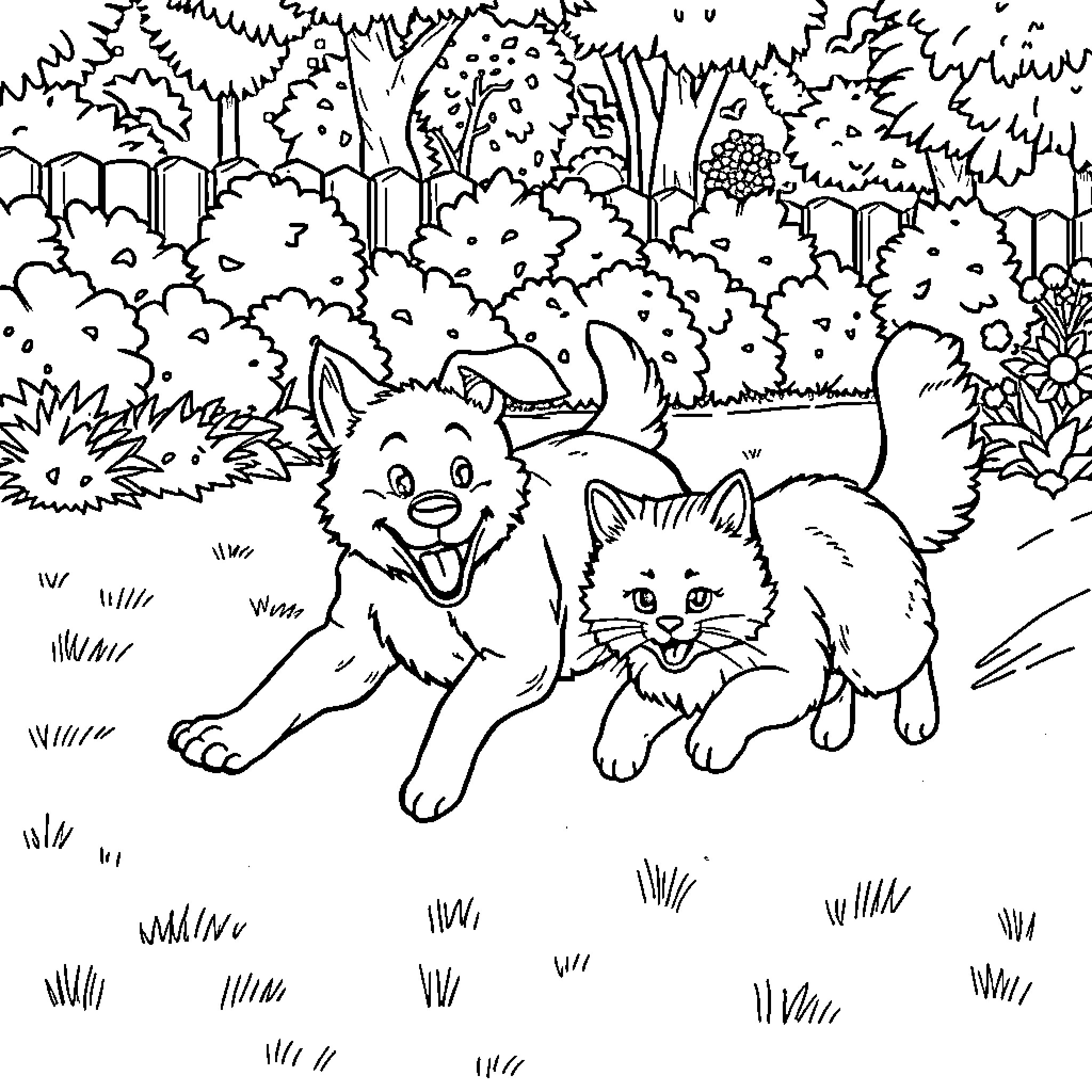 Dog and cat playing together in the forest Coloring Page (free black-and-white line drawing printable PDF for all, from beginners to advanced learners, including children, teens, adults, and seniors)