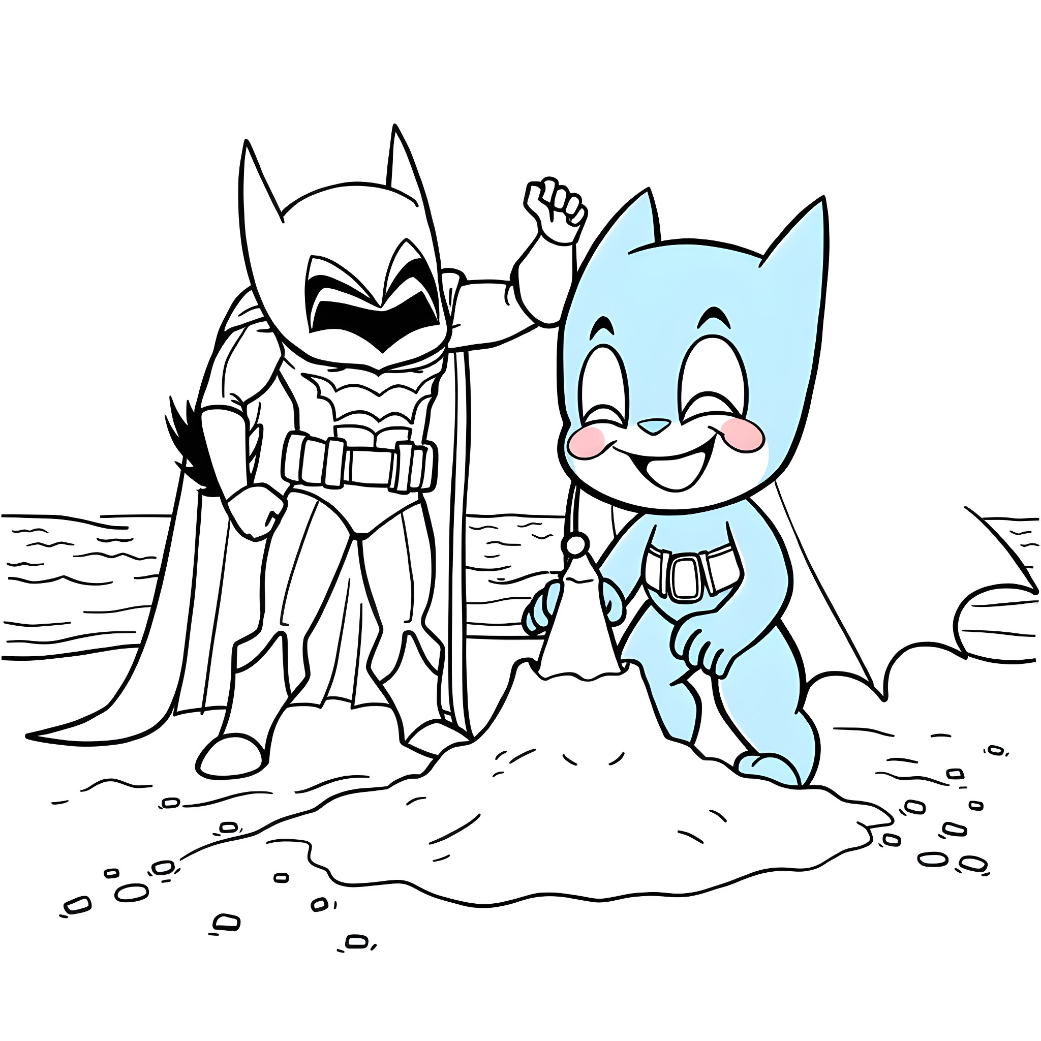 Bluey and Friends on the Beach Adventure Coloring Page (free black-and-white line drawing printable PDF for all, from beginners to advanced learners, including children, teens, adults, and seniors)