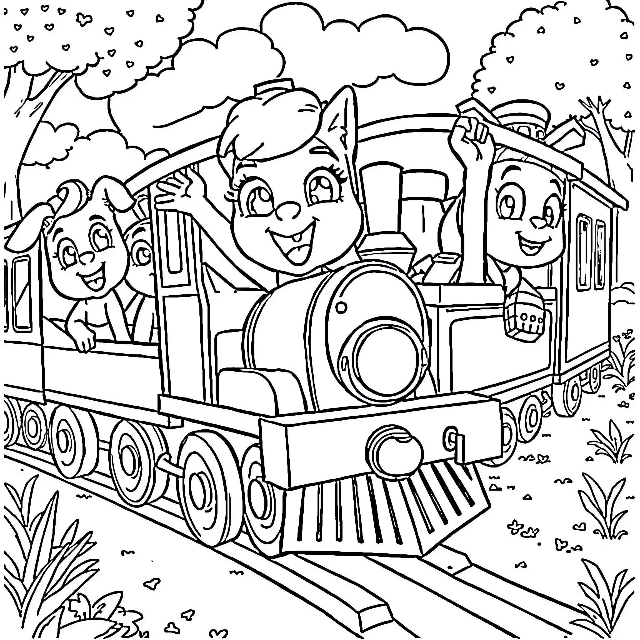 Bluey and friends aboard a joyful train journey Coloring Page (free black-and-white line drawing printable PDF for all, from beginners to advanced learners, including children, teens, adults, and seniors)