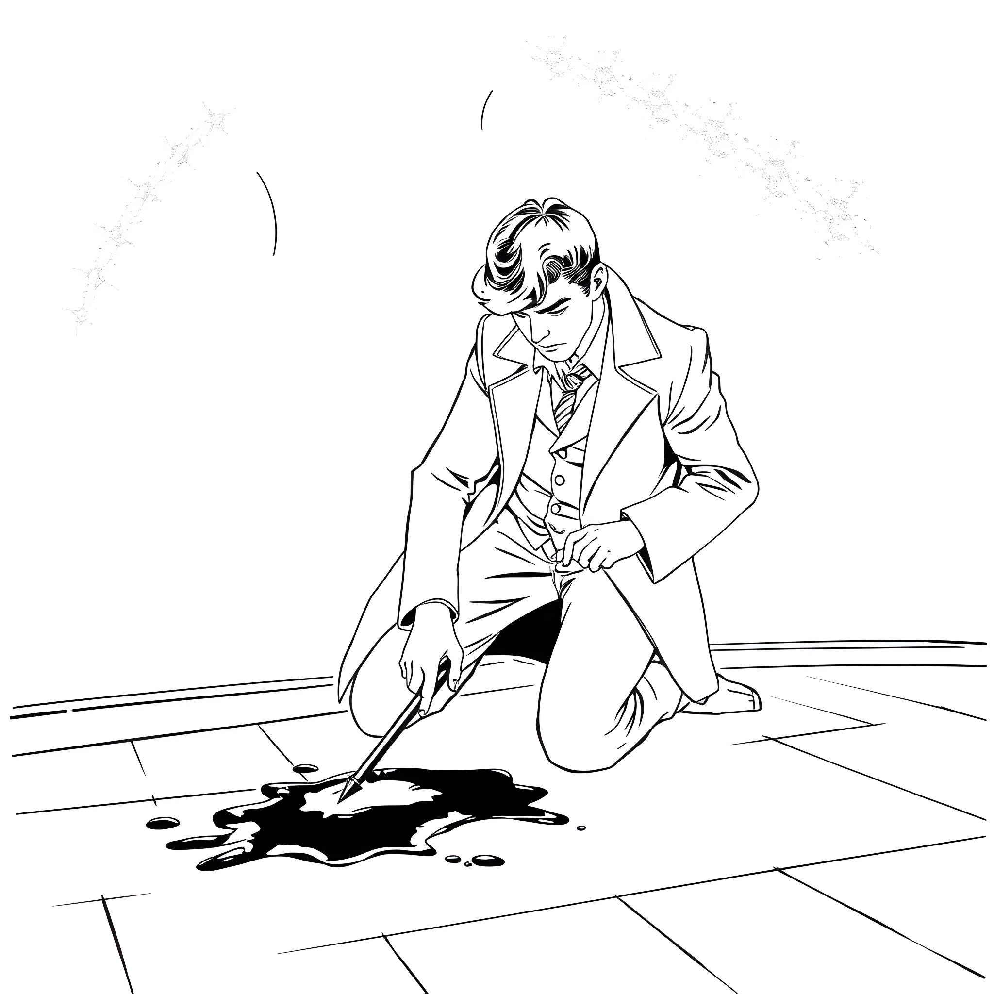 Sherlock Holmes investigates a mysterious spill Coloring Page (free black-and-white line drawing printable PDF for all, from beginners to advanced learners, including children, teens, adults, and seniors)