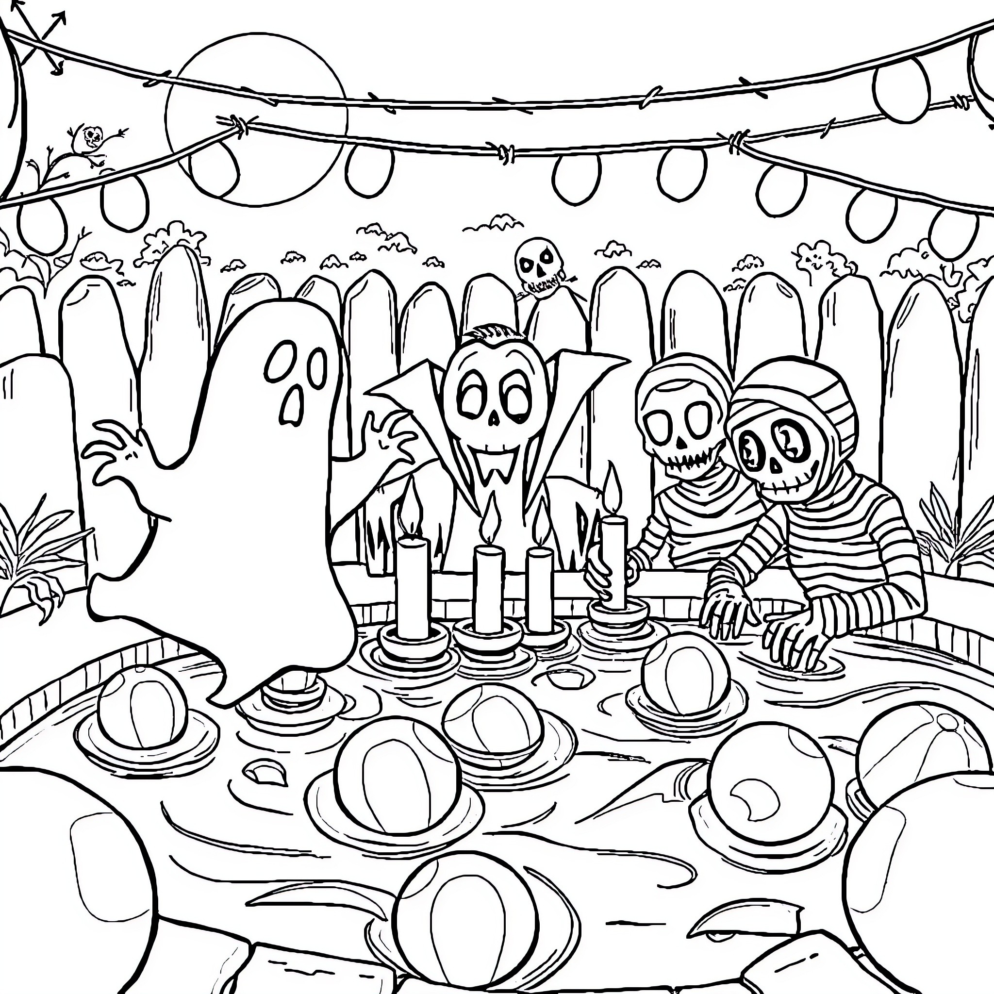 Horror Character Halloween Party Celebration Coloring Page (free black-and-white line drawing printable PDF for all, from beginners to advanced learners, including children, teens, adults, and seniors)