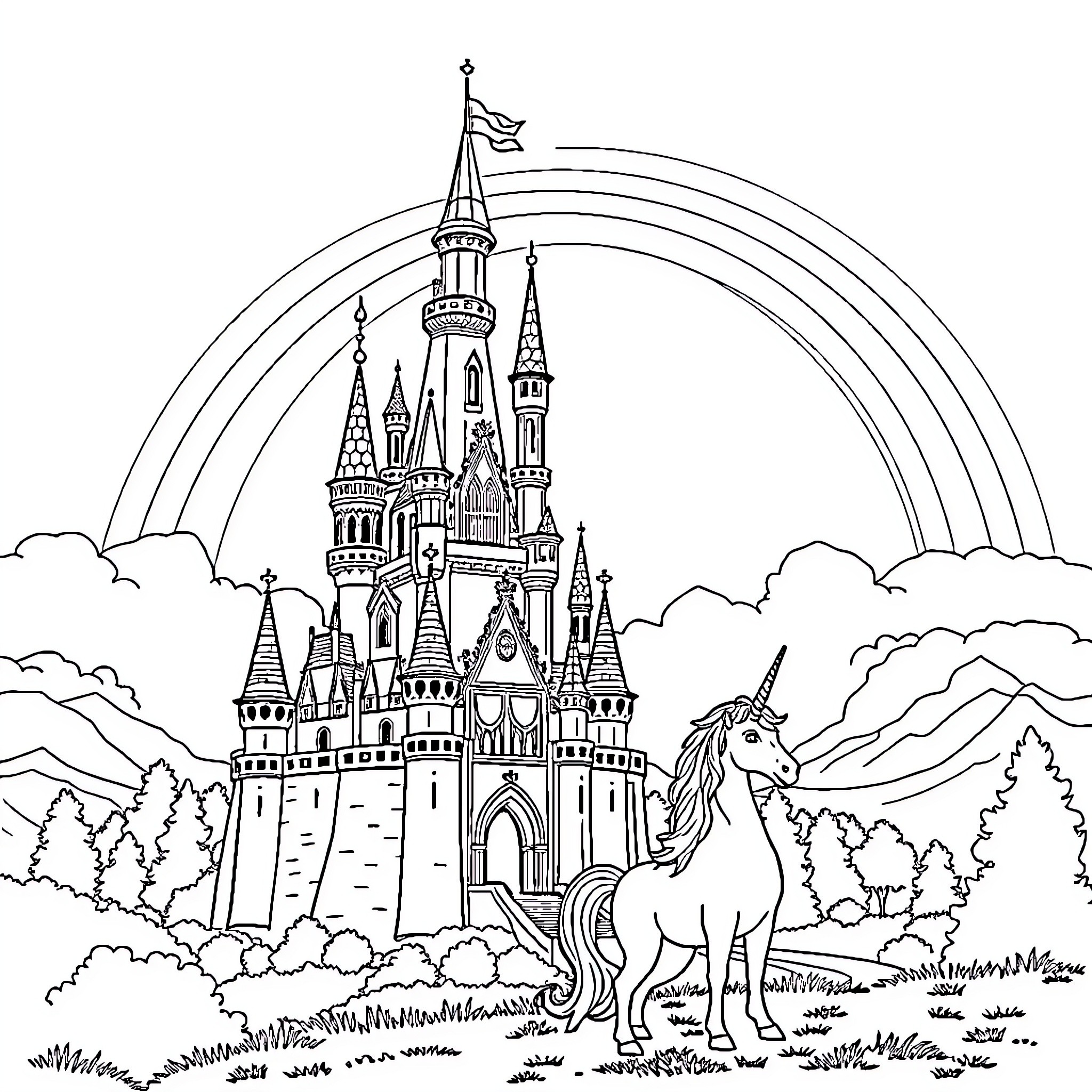 Unicorn standing before a magical castle Coloring Page (free black-and-white line drawing printable PDF for all, from beginners to advanced learners, including children, teens, adults, and seniors)