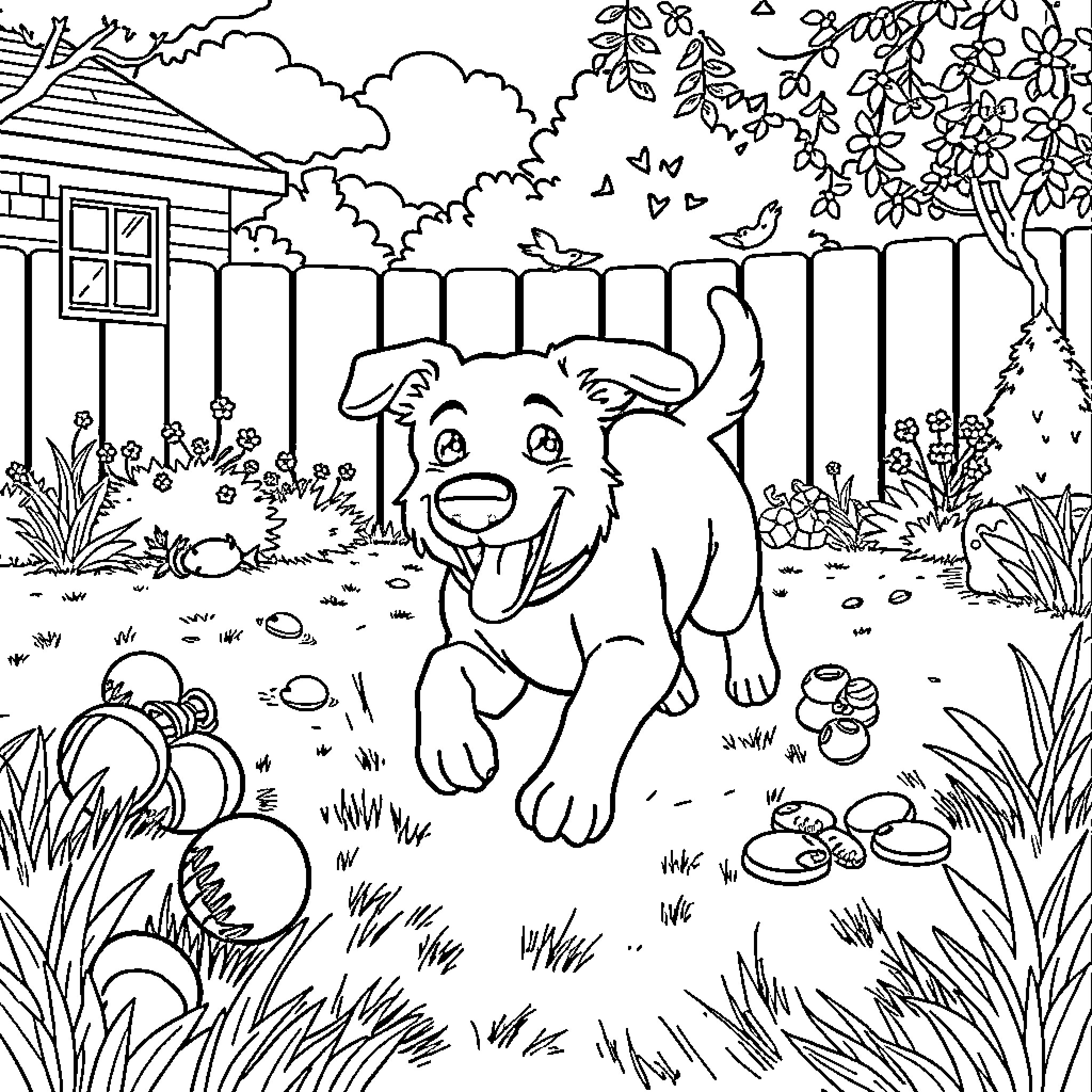 Dog chasing ball in backyard Coloring Page (free black-and-white line drawing printable PDF for all, from beginners to advanced learners, including children, teens, adults, and seniors)