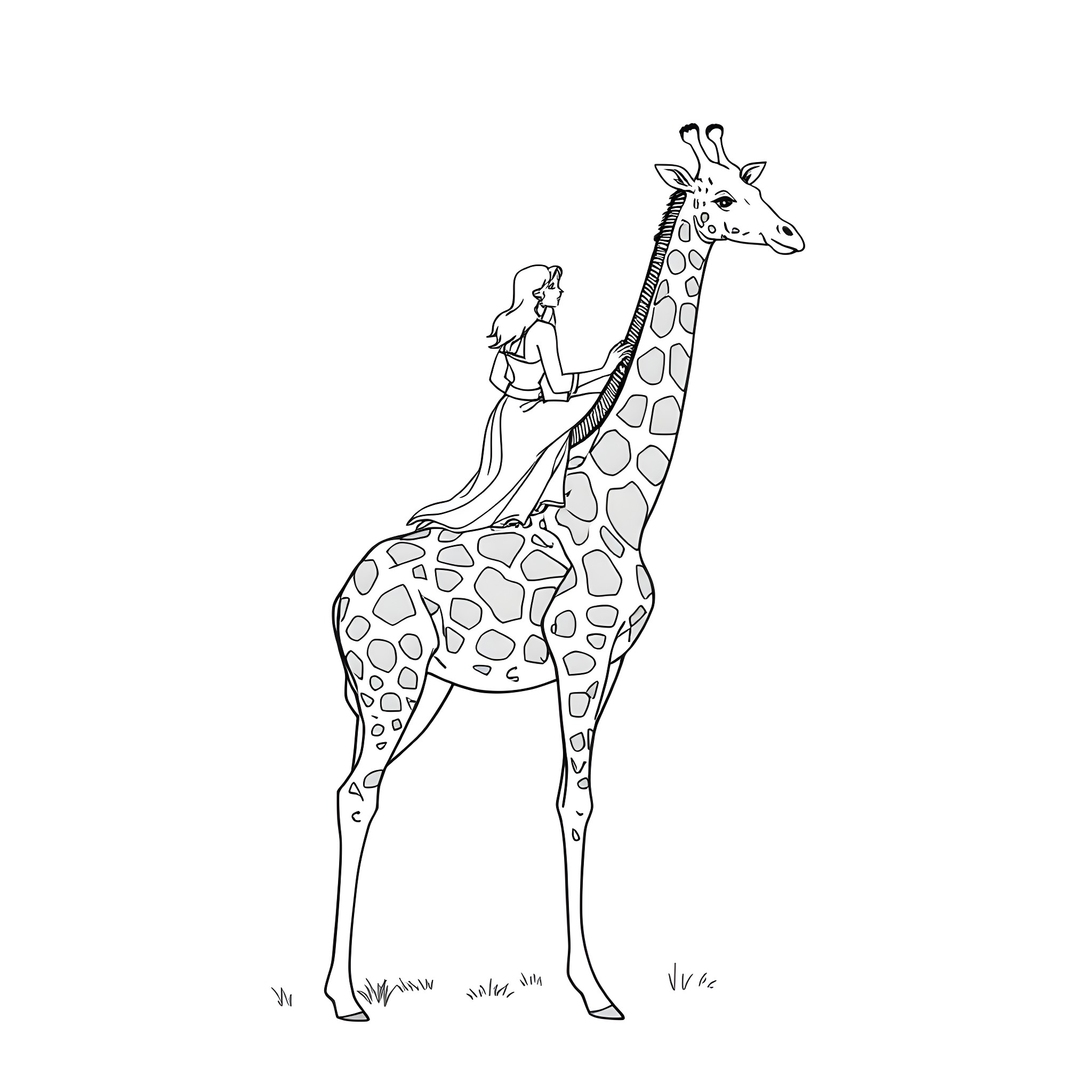 Woman standing next to a tall giraffe Coloring Page (free black-and-white line drawing printable PDF for all, from beginners to advanced learners, including children, teens, adults, and seniors)