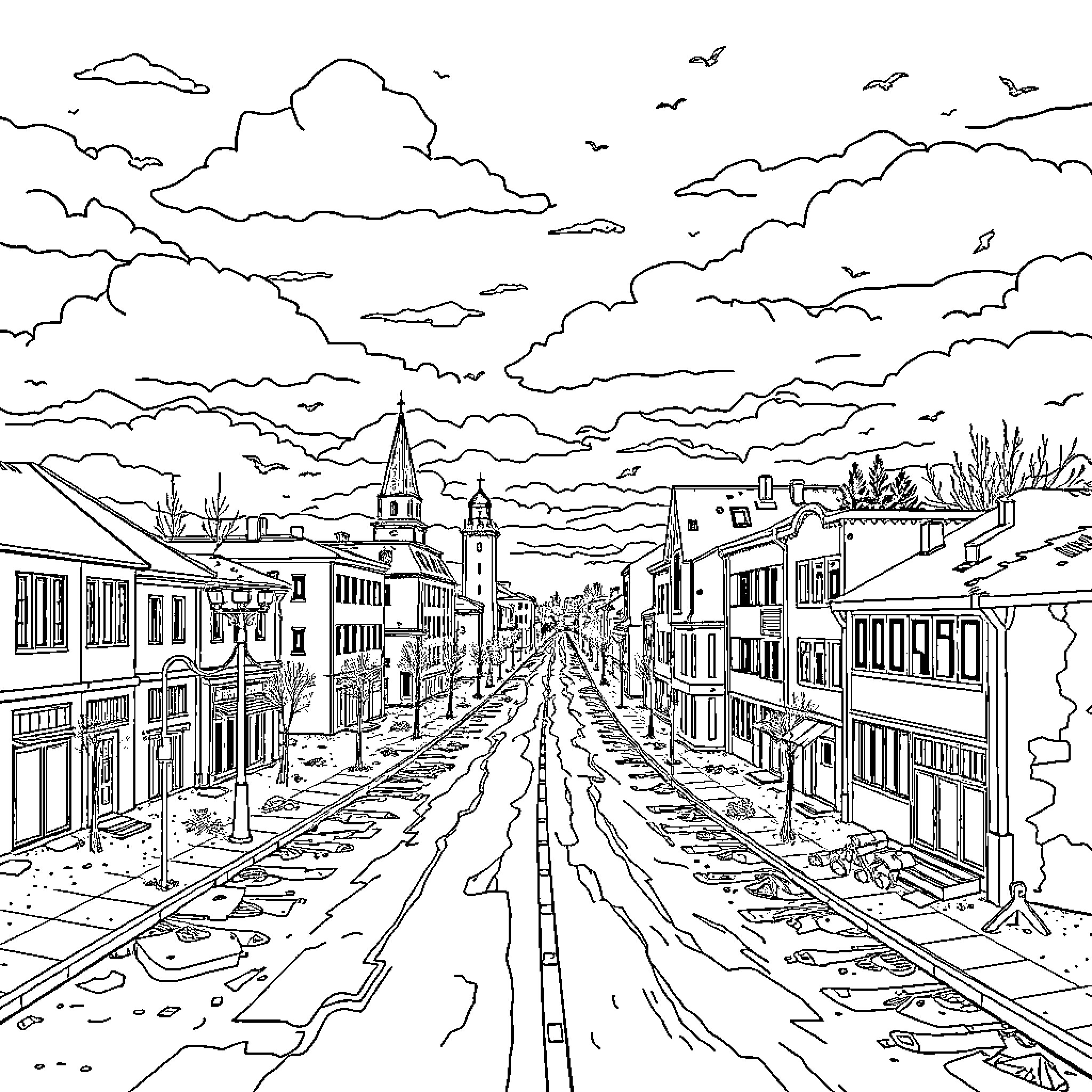 Finland: Idyllic town street with cloudy skies Coloring Page (free black-and-white line drawing printable PDF for all, from beginners to advanced learners, including children, teens, adults, and seniors)