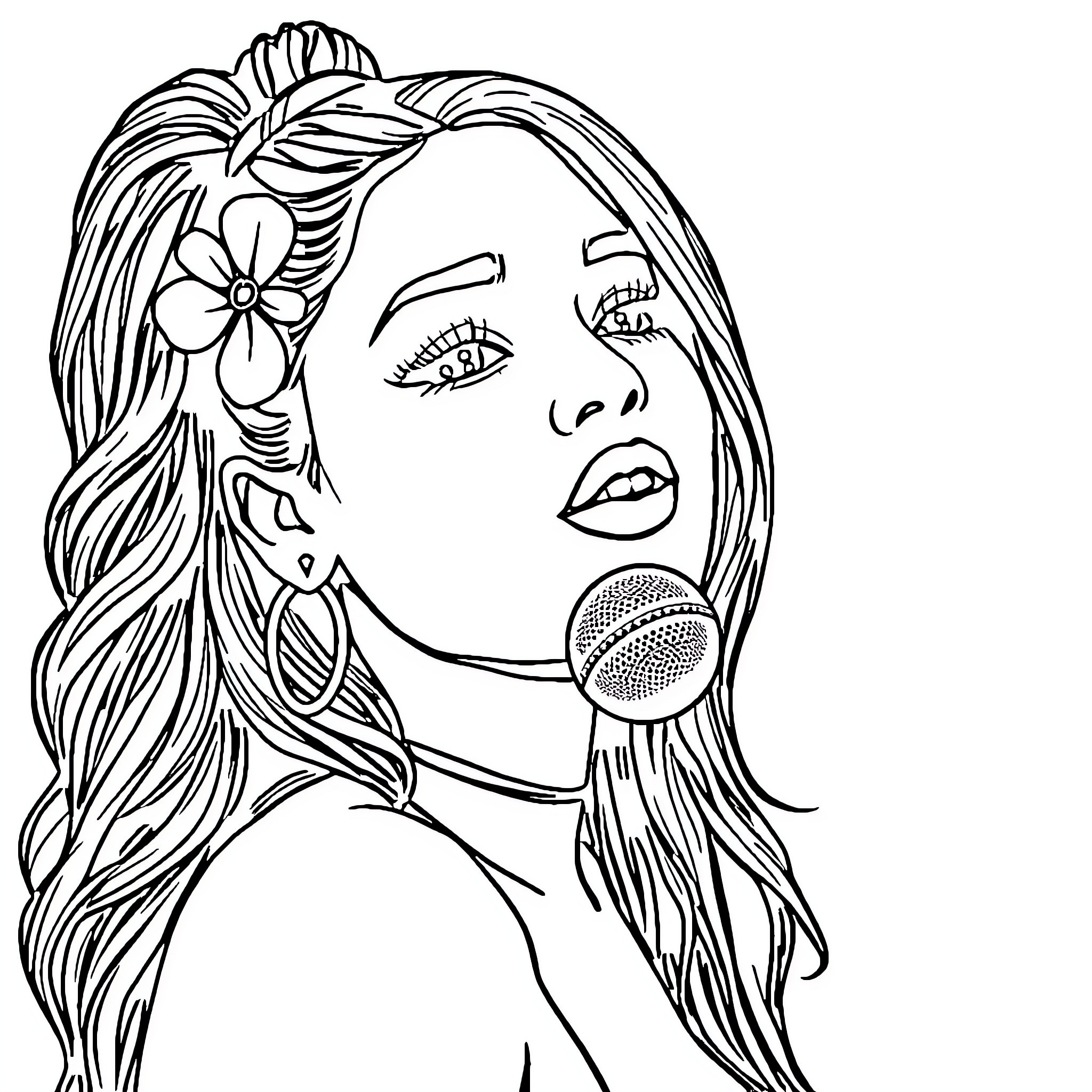 Ariana Grande performing on stage with floral headpiece Coloring Page (free black-and-white line drawing printable PDF for all, from beginners to advanced learners, including children, teens, adults, and seniors)