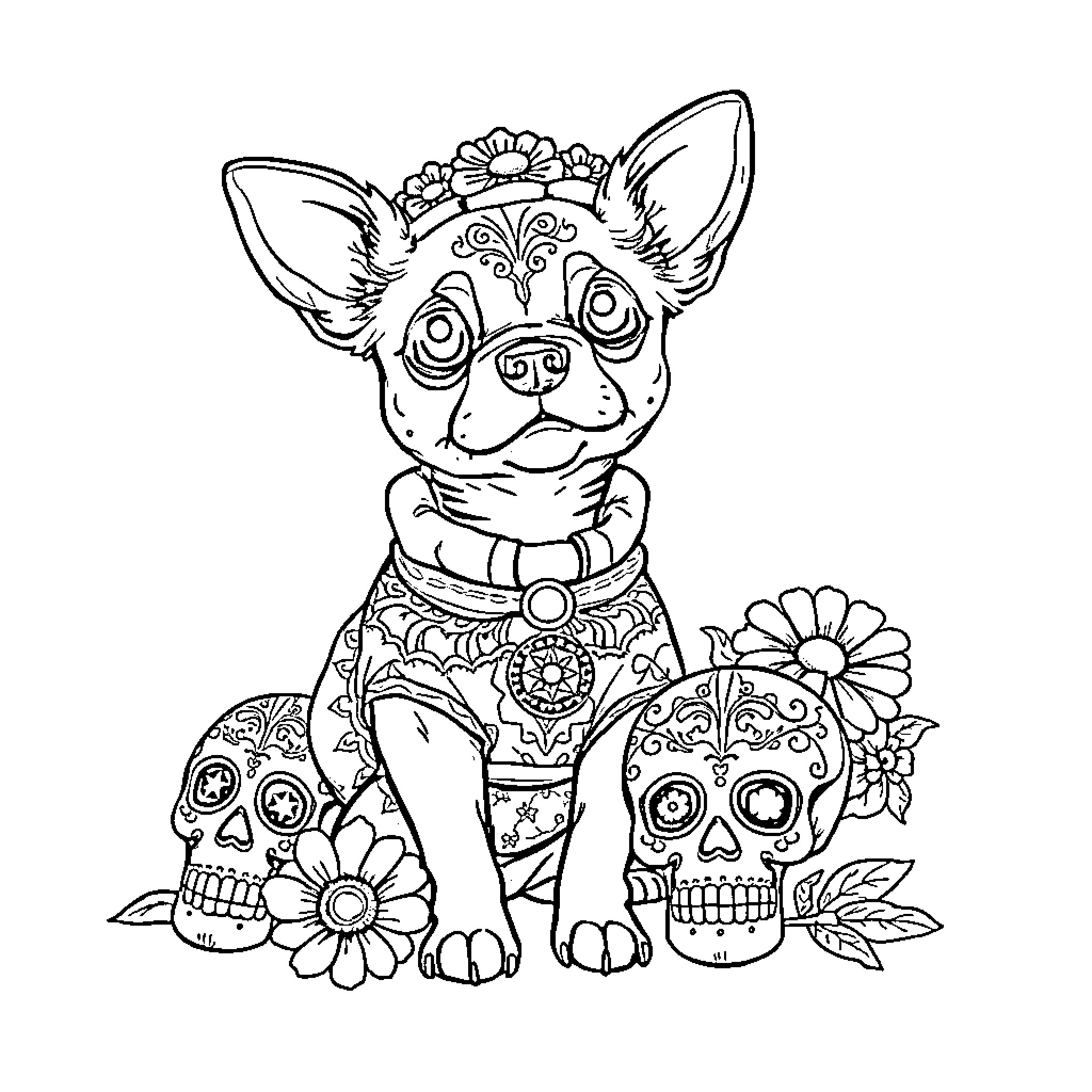 Dog with floral crown and Day of the Dead decor Coloring Page (free black-and-white line drawing printable PDF for all, from beginners to advanced learners, including children, teens, adults, and seniors)