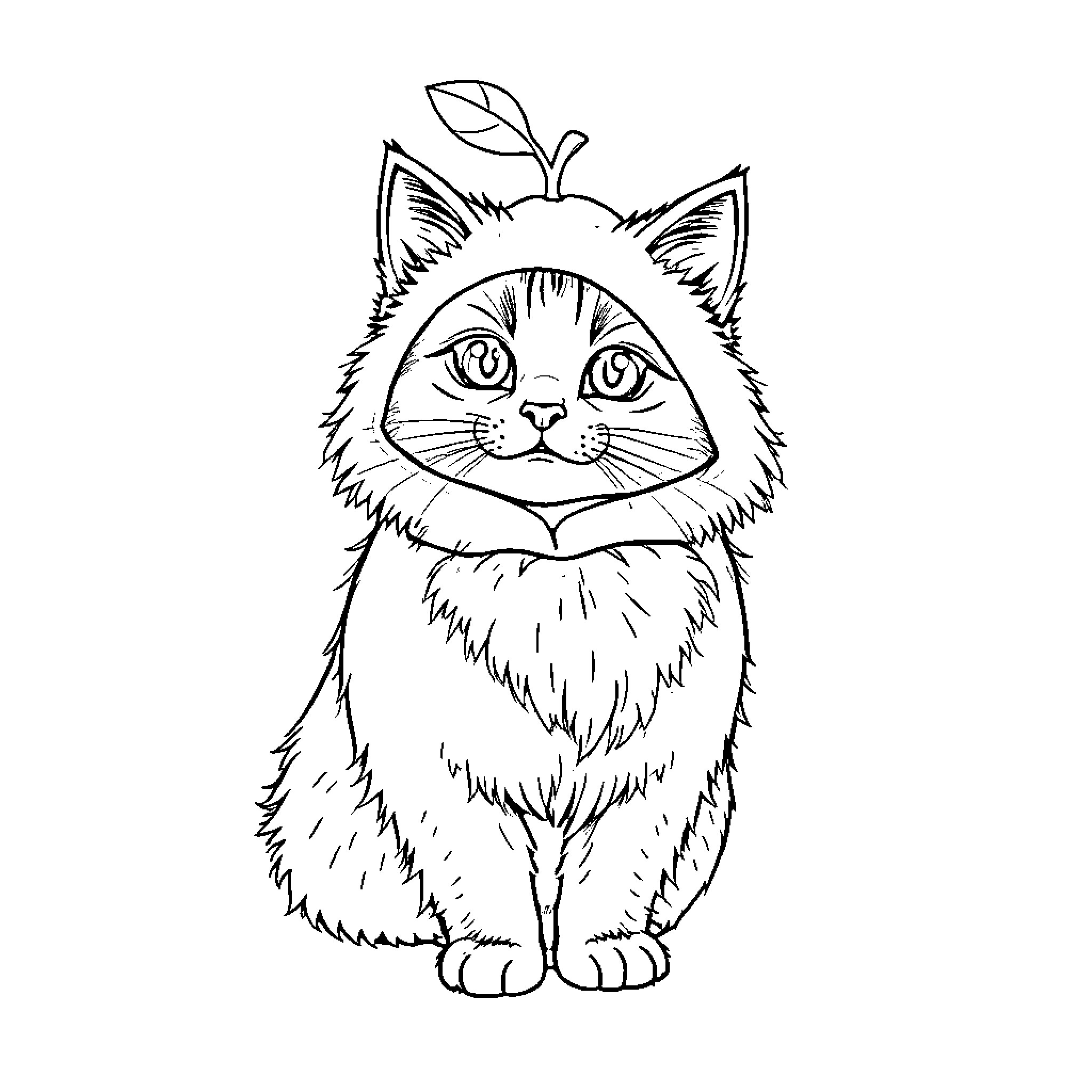 Cat with Apple Leaf Ornament Coloring Page (free black-and-white line drawing printable PDF for all, from beginners to advanced learners, including children, teens, adults, and seniors)