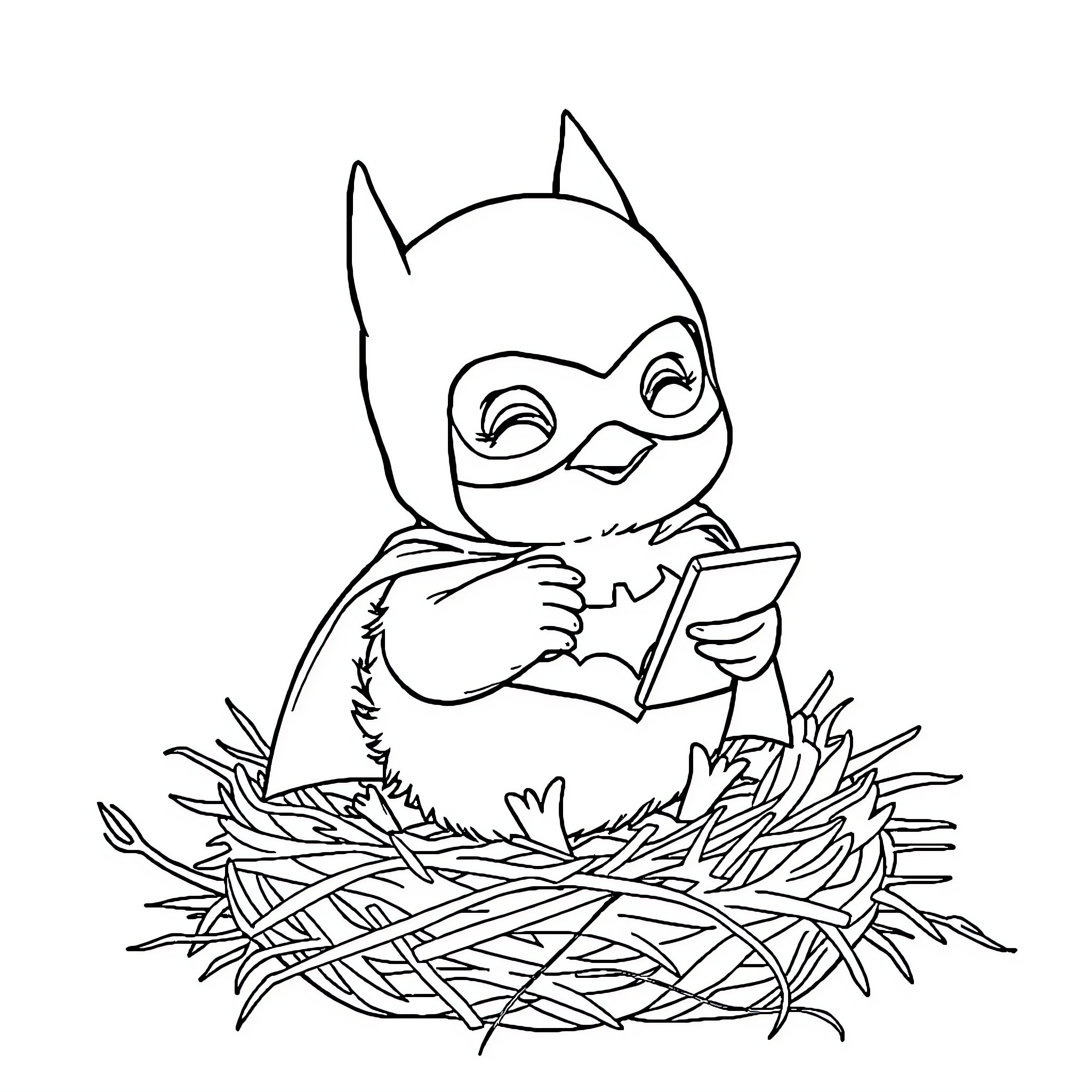 Chick in a nest playing with a tablet Coloring Page (free black-and-white line drawing printable PDF for all, from beginners to advanced learners, including children, teens, adults, and seniors)