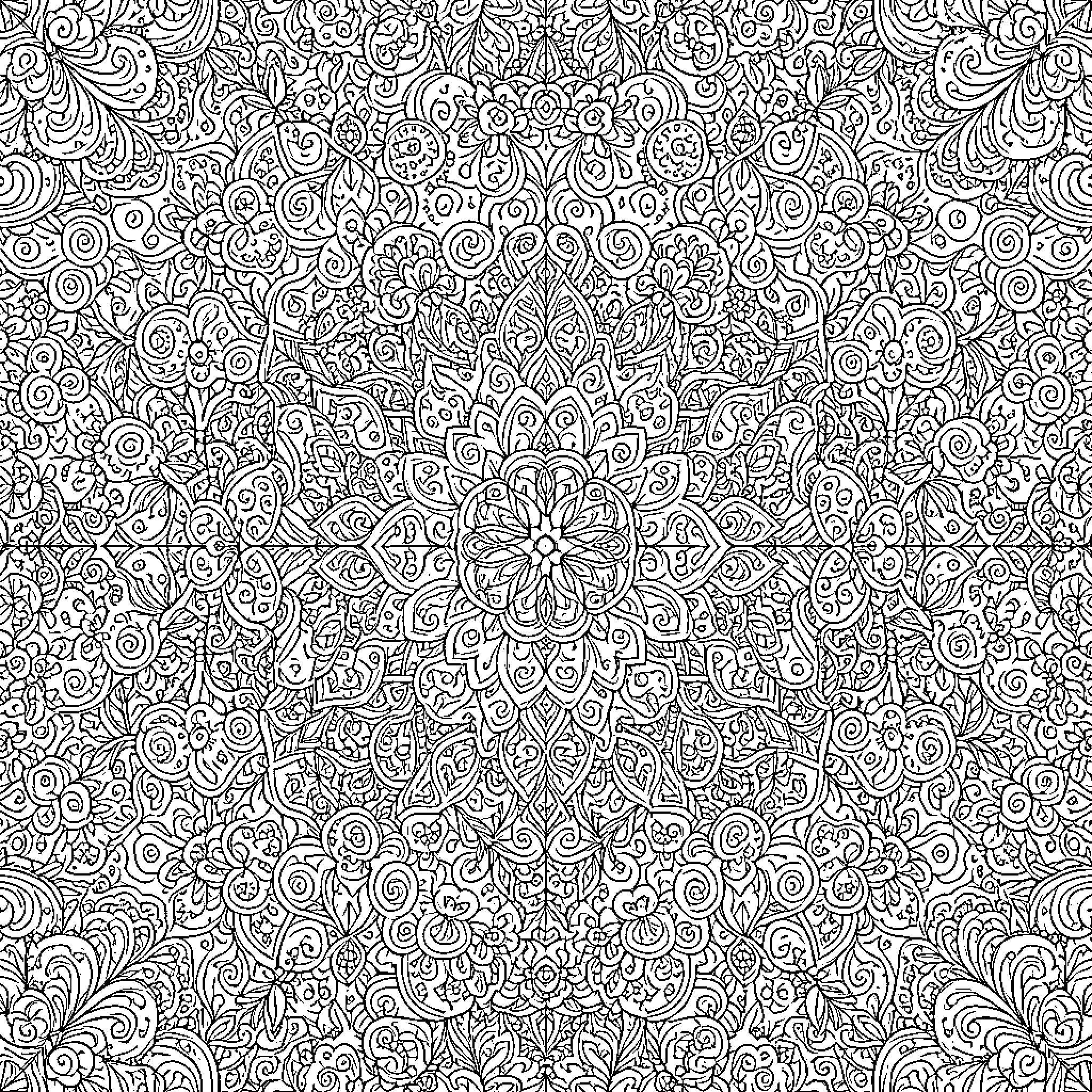 Intricate floral patterns arranged in a symmetric mandala Coloring Page (free black-and-white line drawing printable PDF for all, from beginners to advanced learners, including children, teens, adults, and seniors)